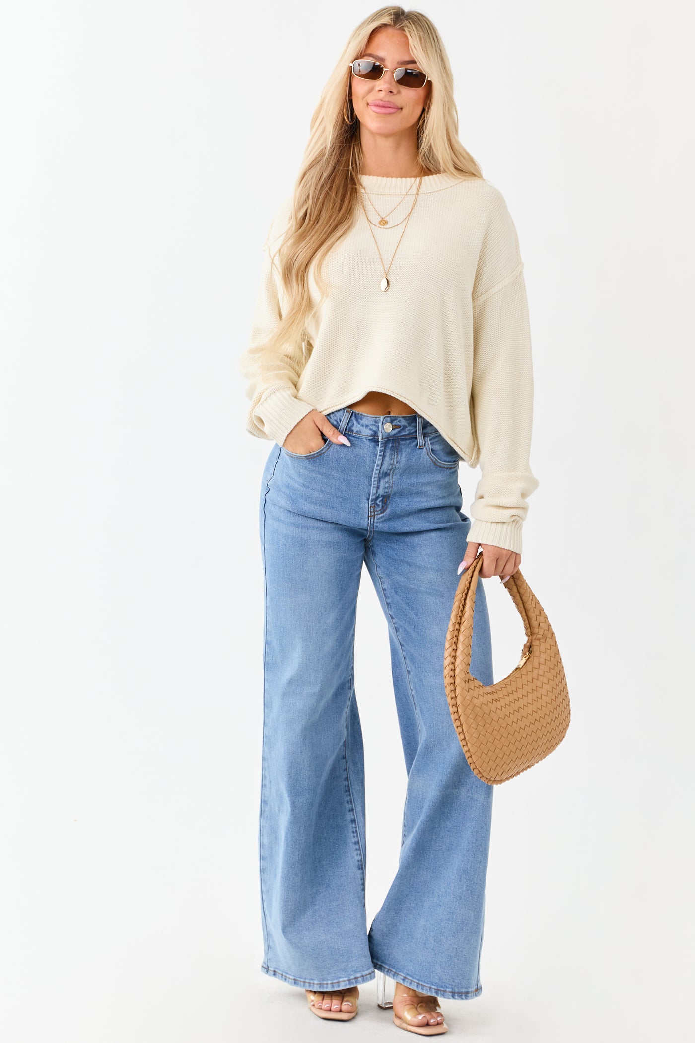 Cream Long Sleeve Relaxed Knit Sweater