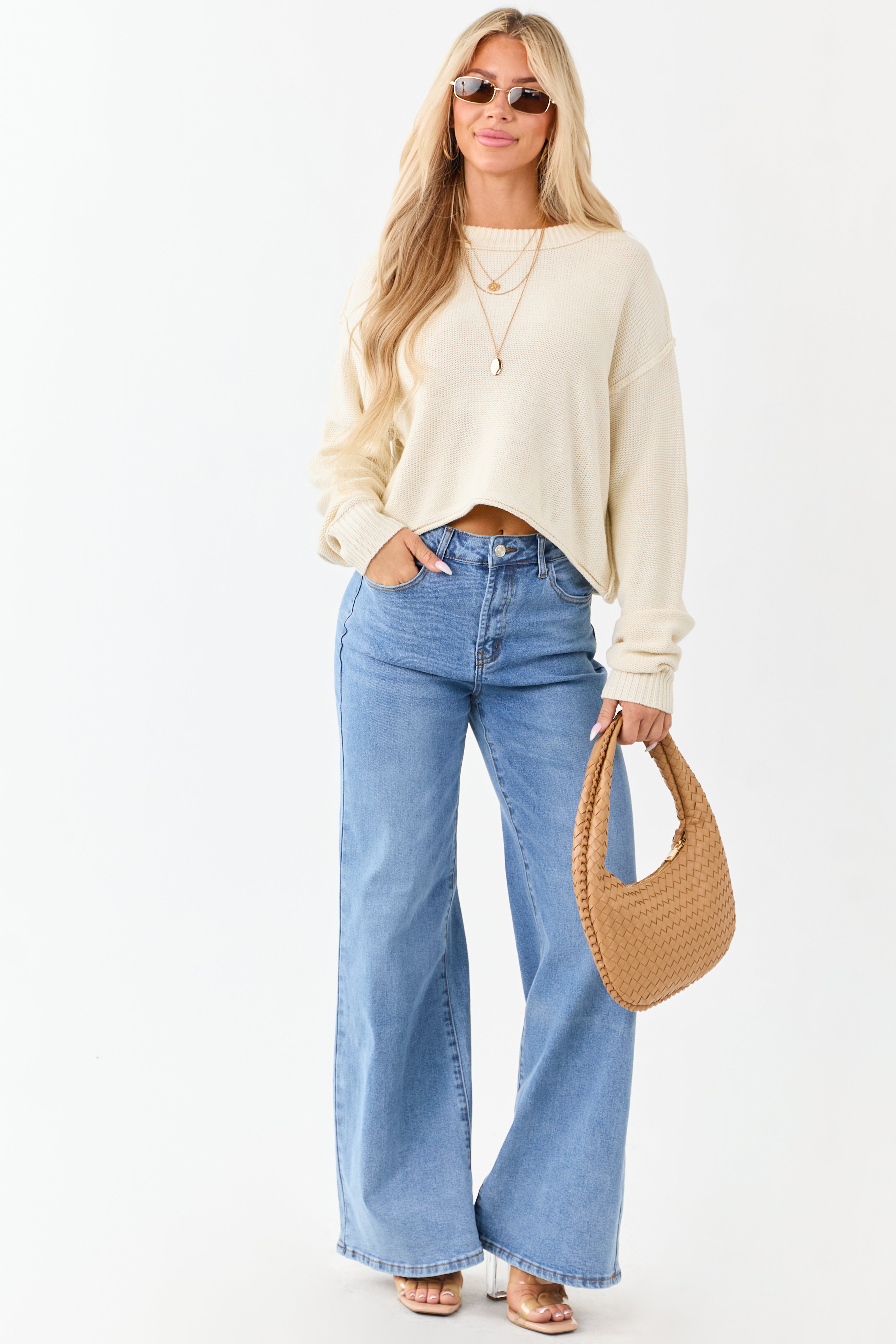 Cream Long Sleeve Relaxed Knit Sweater