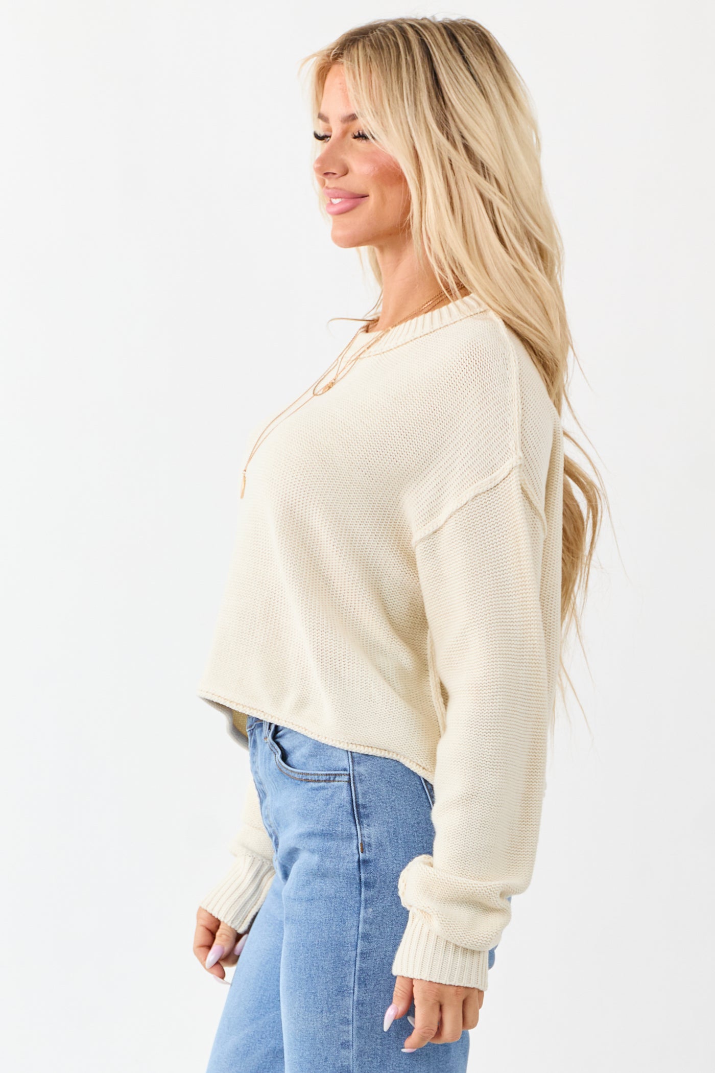 Cream Long Sleeve Relaxed Knit Sweater