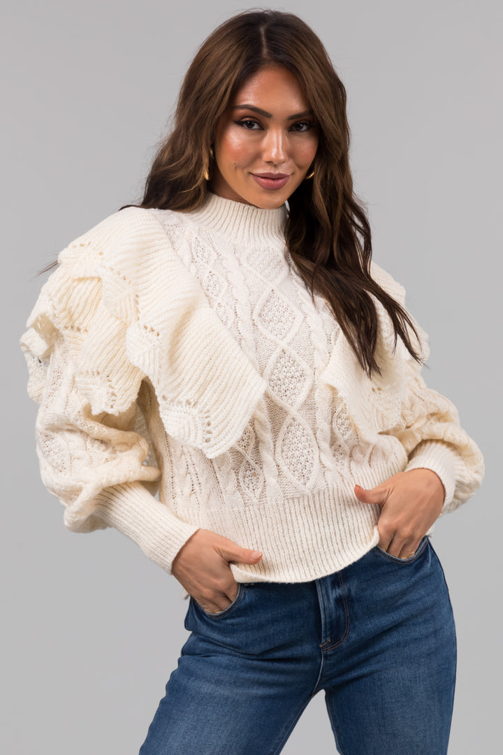 Cream Long Sleeve Ruffle Shoulder Sweater
