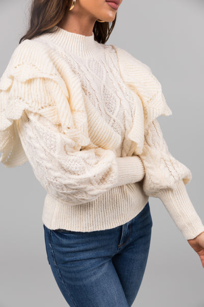 Cream Long Sleeve Ruffle Shoulder Sweater