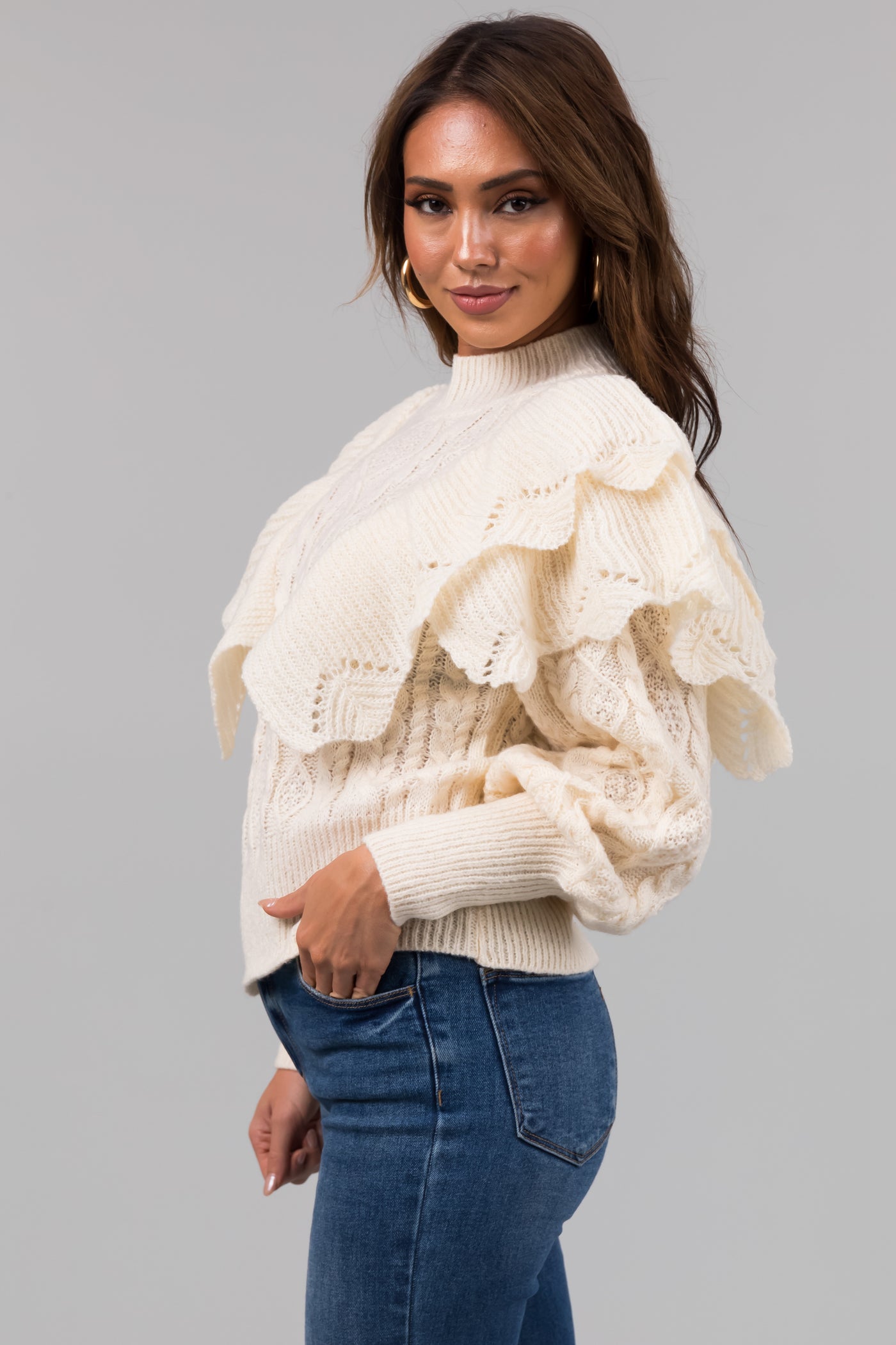 Cream Long Sleeve Ruffle Shoulder Sweater