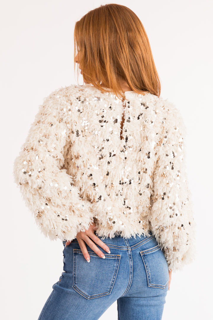 Cream Long Sleeve Sequin Feathered Blouse