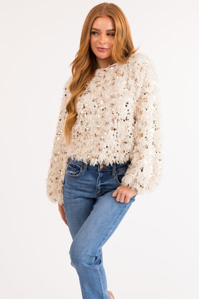 Cream Long Sleeve Sequin Feathered Blouse