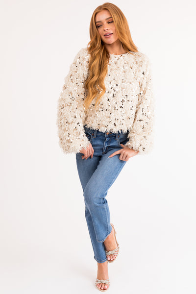 Cream Long Sleeve Sequin Feathered Blouse