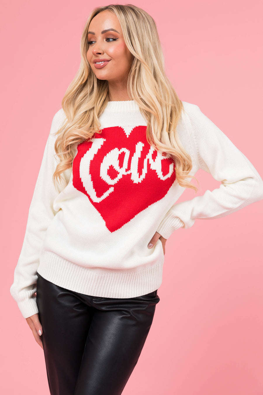 Cream 'Love' Heart Graphic Long Sleeve Sweater