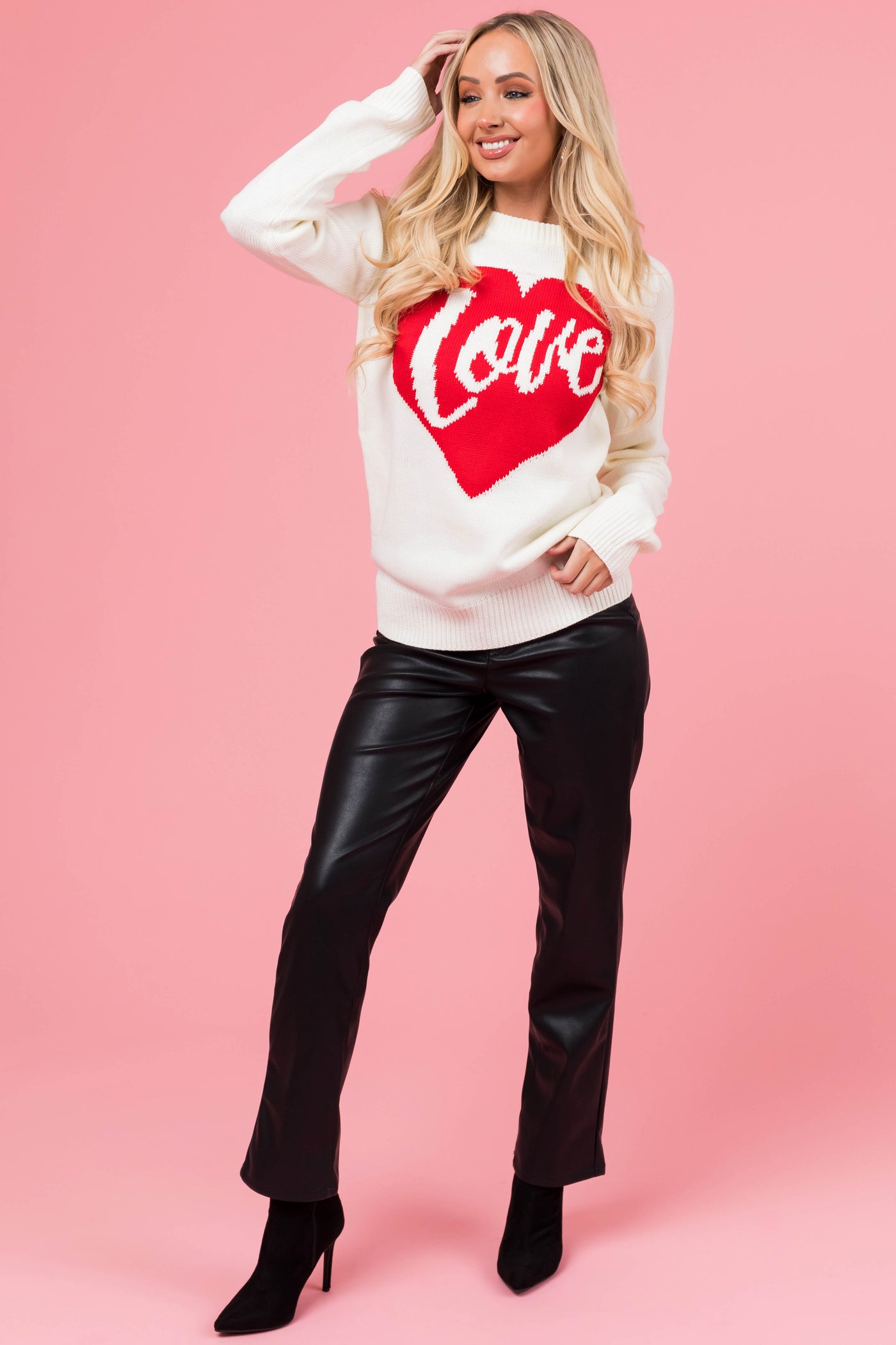 Cream 'Love' Heart Graphic Long Sleeve Sweater