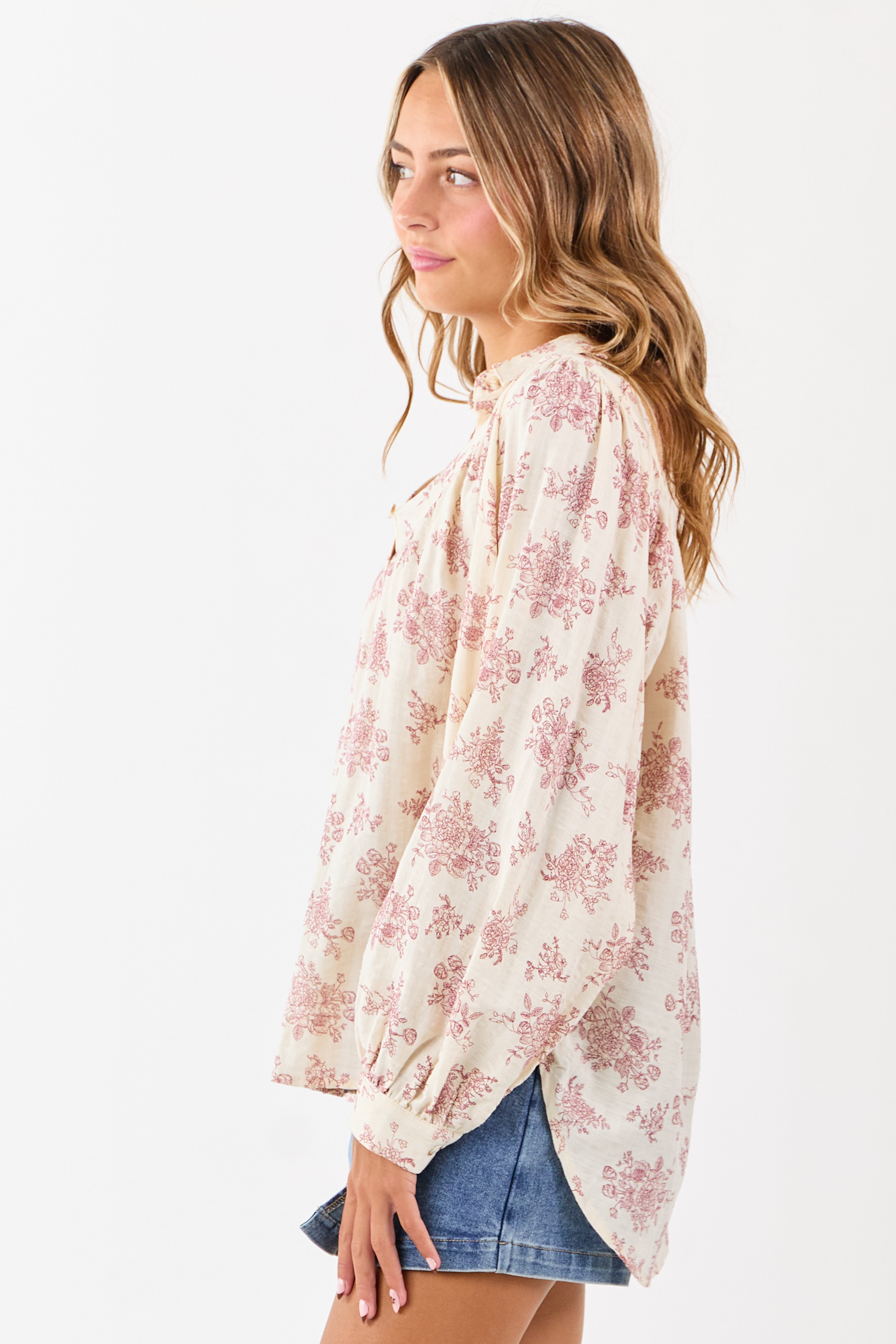 Cream Luxe Floral Print Cotton Button Up Top