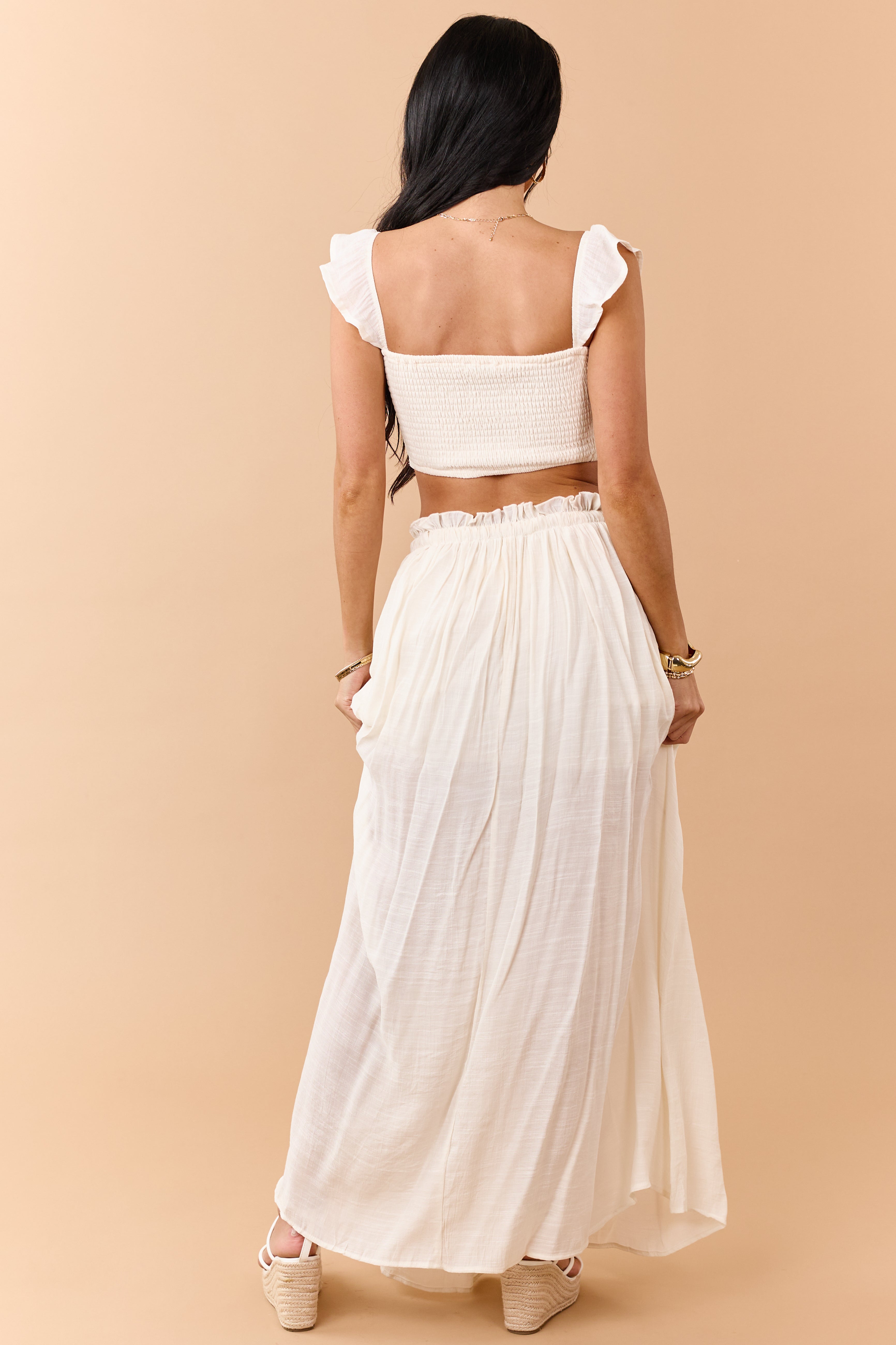 Cream Maxi Skirt and Smocked Crop Top Set