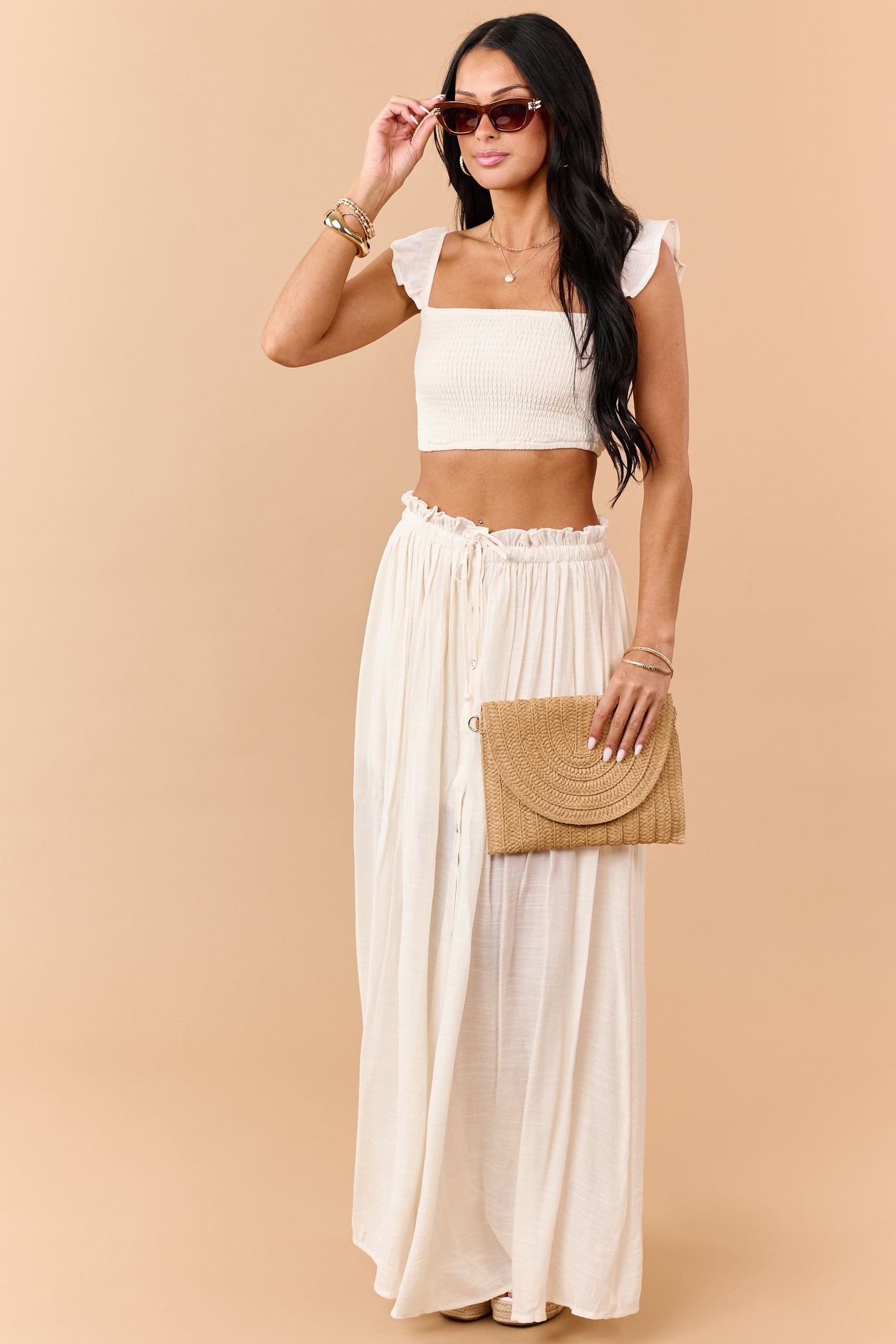 Cream Maxi Skirt and Smocked Crop Top Set