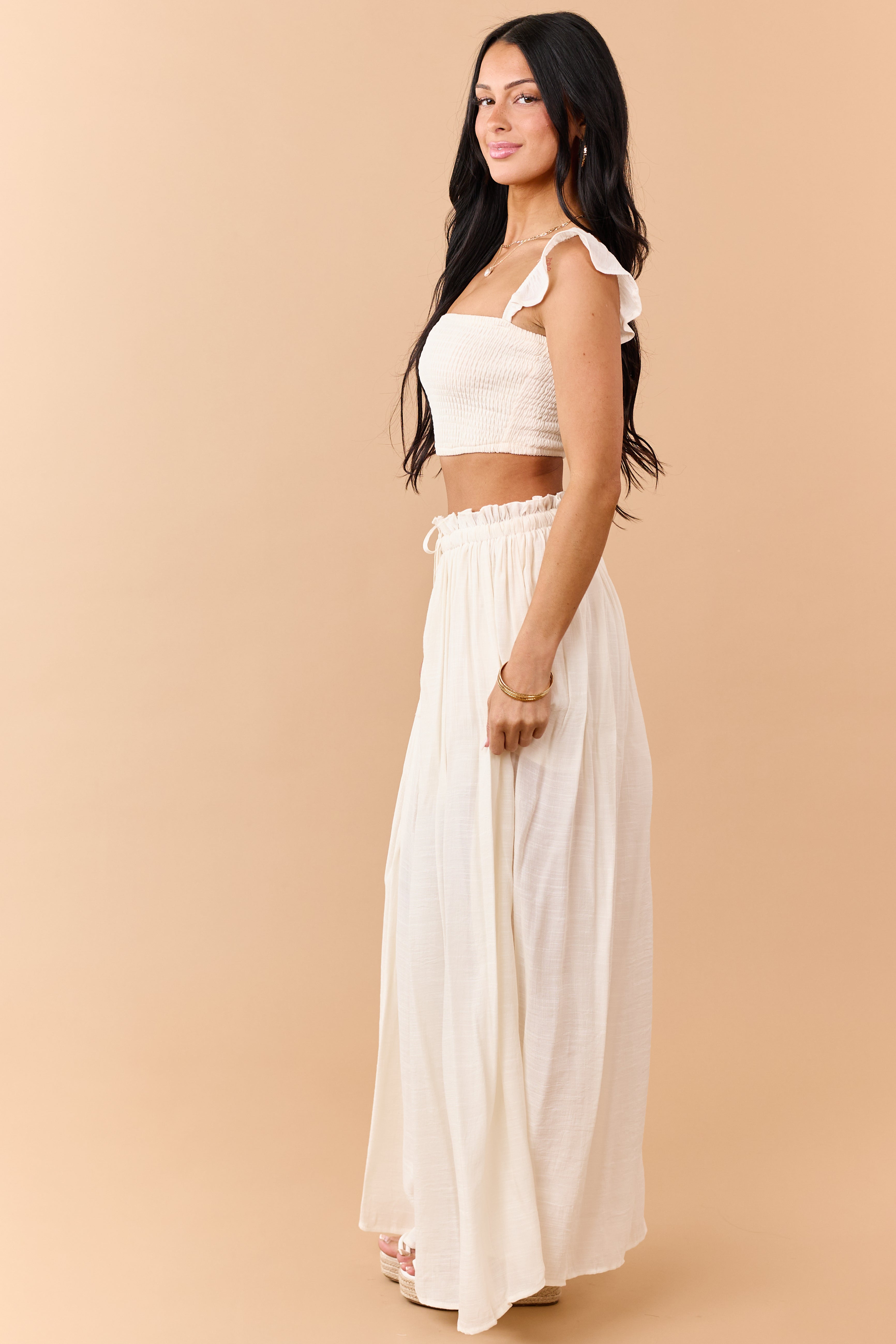 Cream Maxi Skirt and Smocked Crop Top Set
