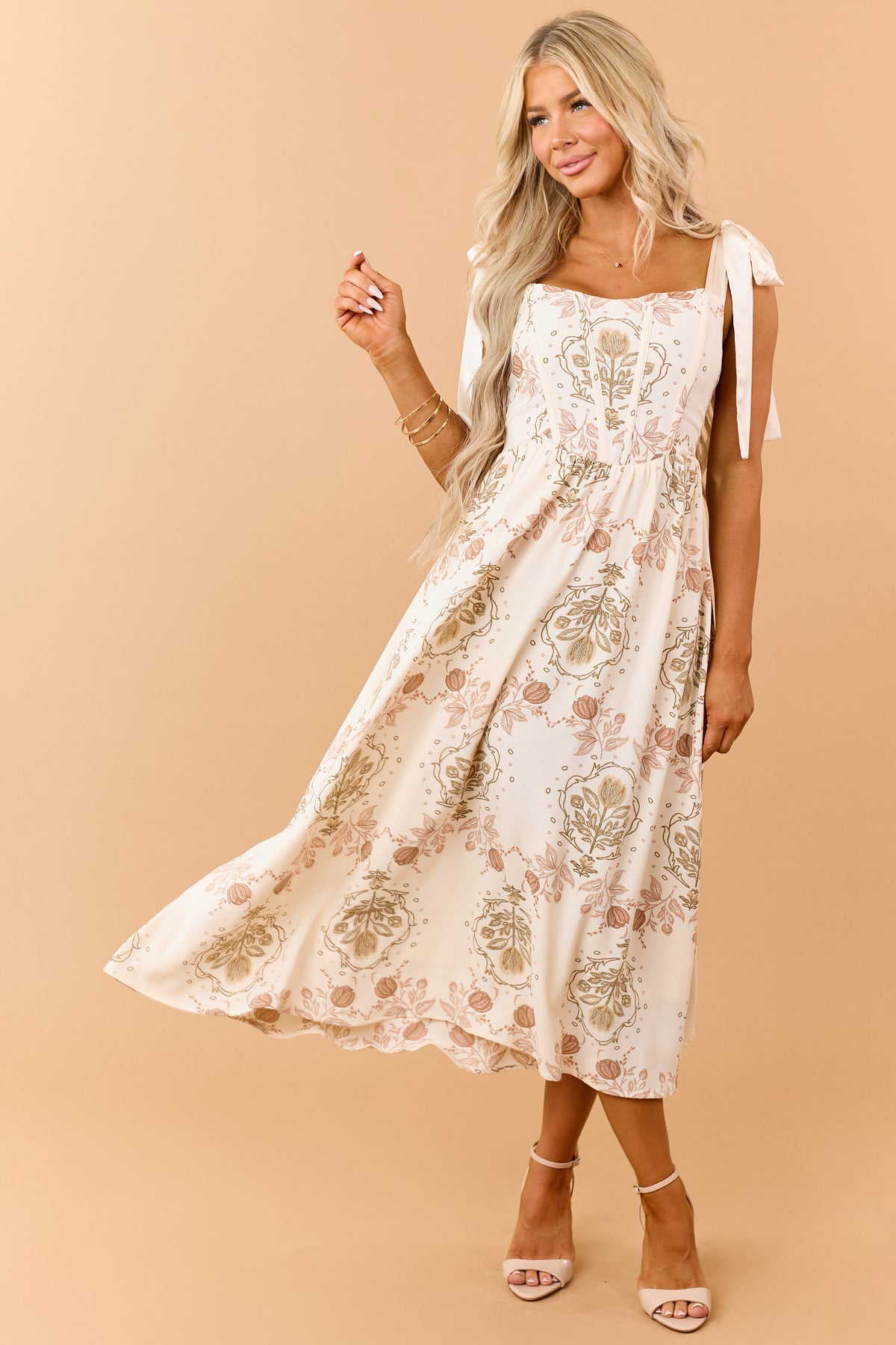Cream Medallion Floral Corset Bodice Midi Dress