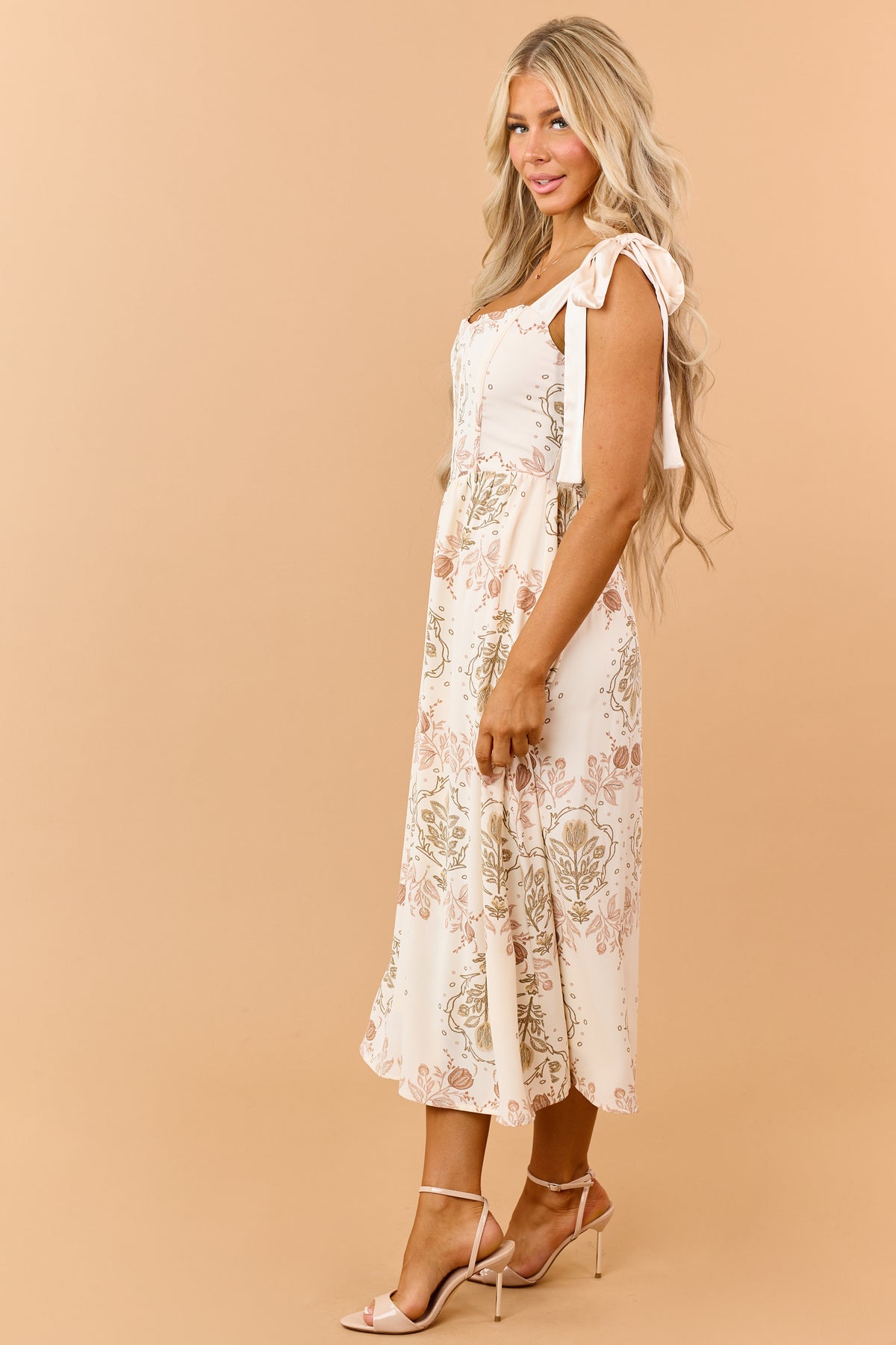 Cream Medallion Floral Corset Bodice Midi Dress
