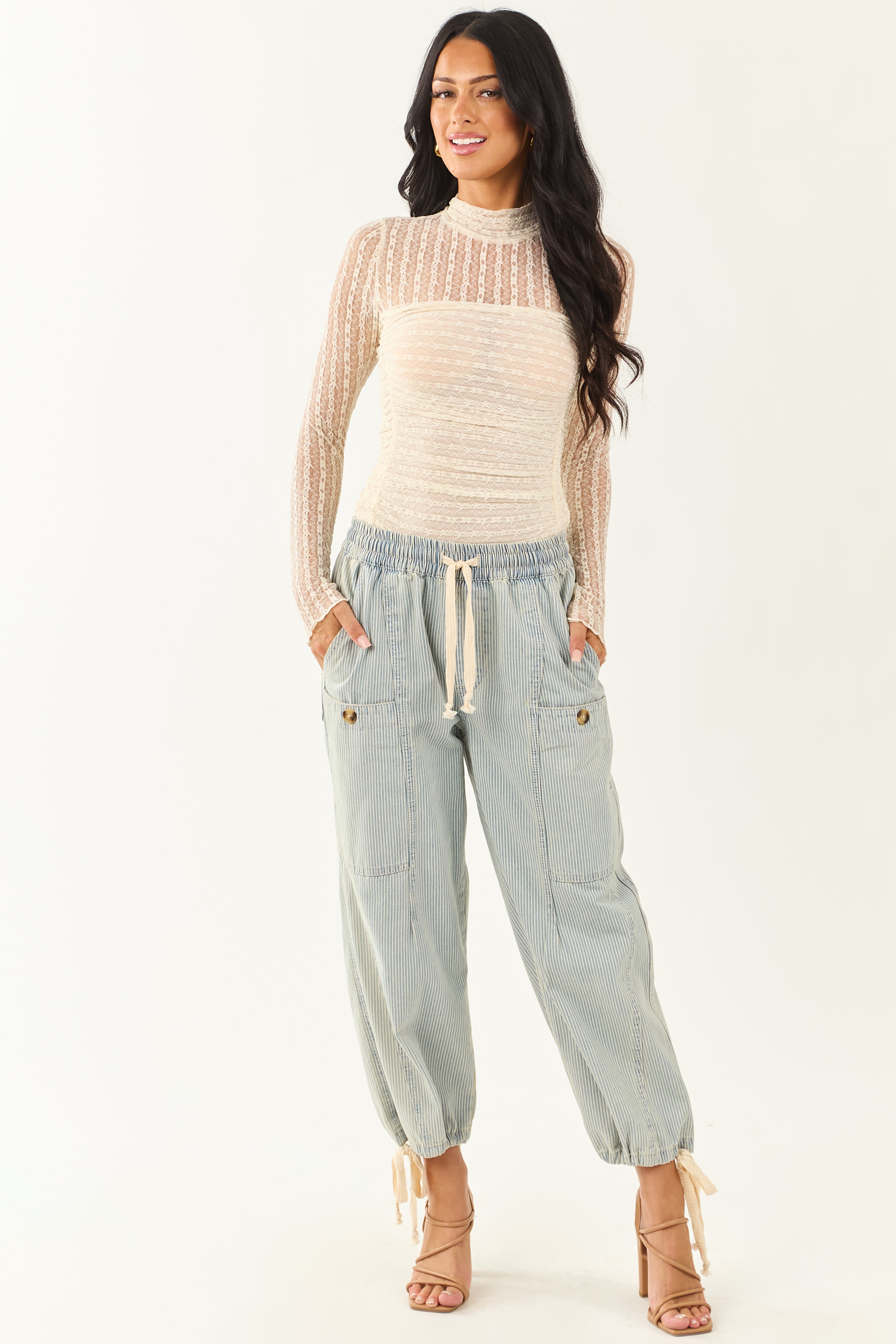 Cream Mesh Lace Ruched Long Sleeve Bodysuit