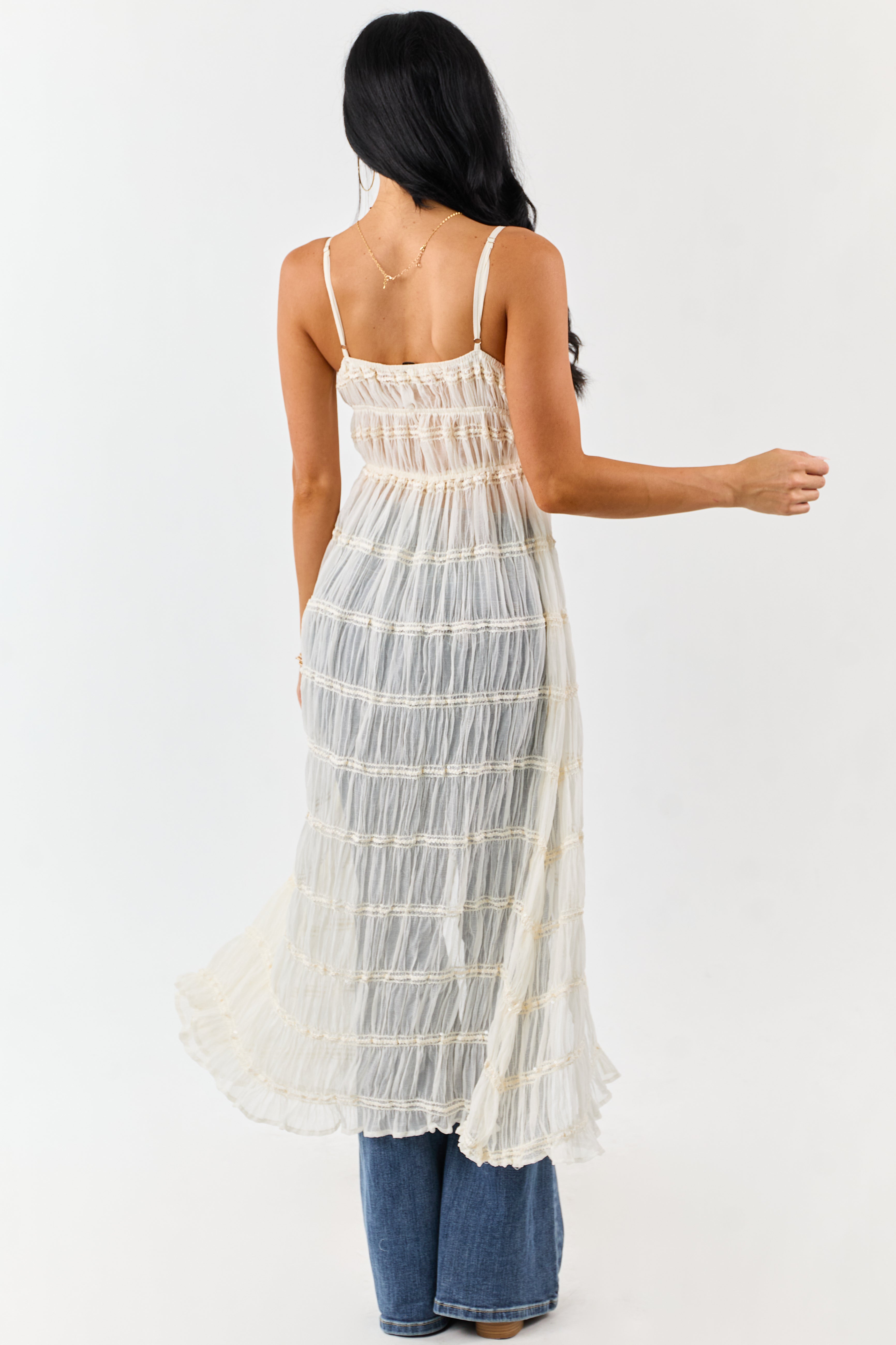 Cream Metallic Embroidery Front Tie Duster Cami Vest
