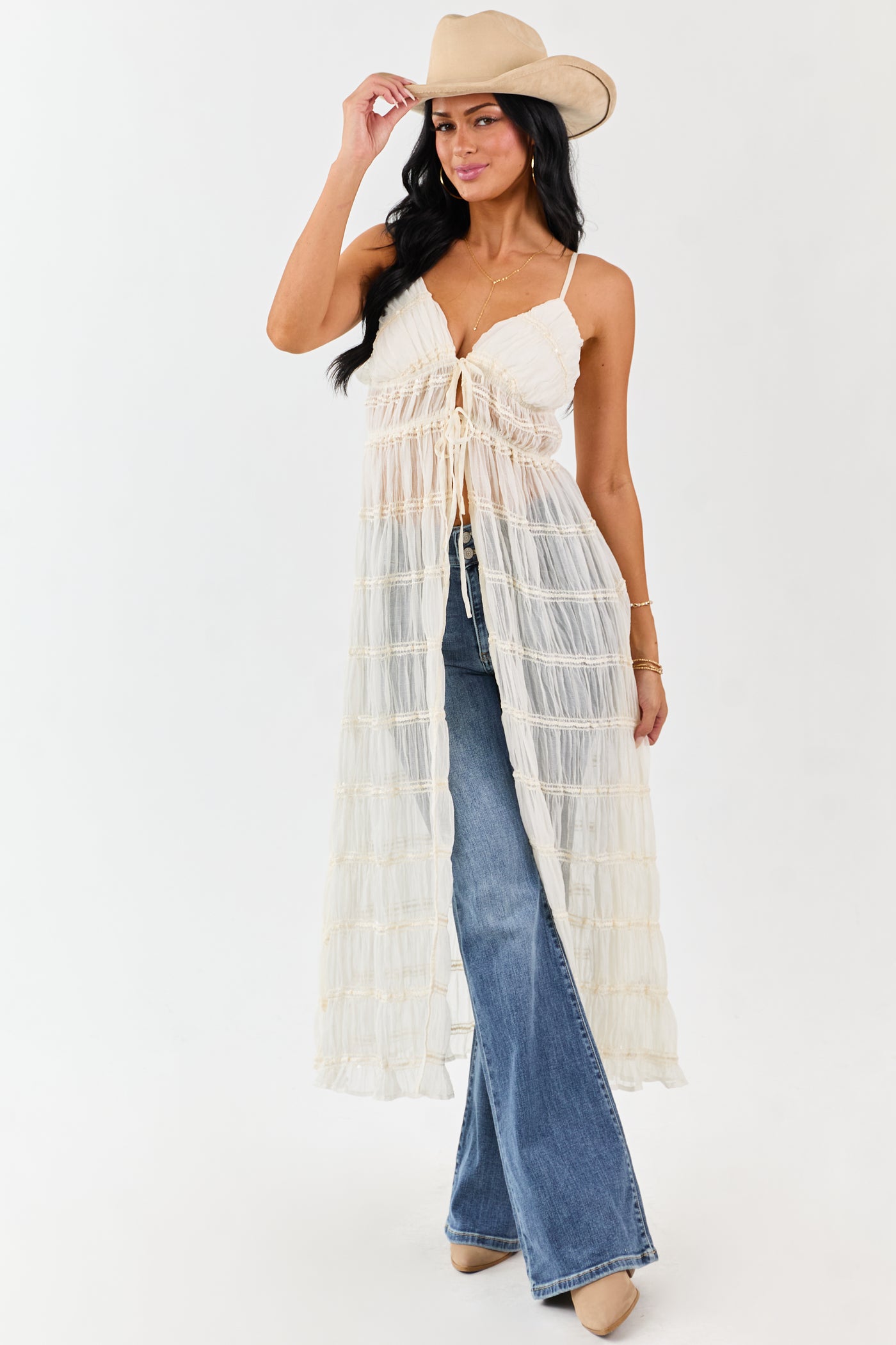 Cream Metallic Embroidery Front Tie Duster Cami Vest