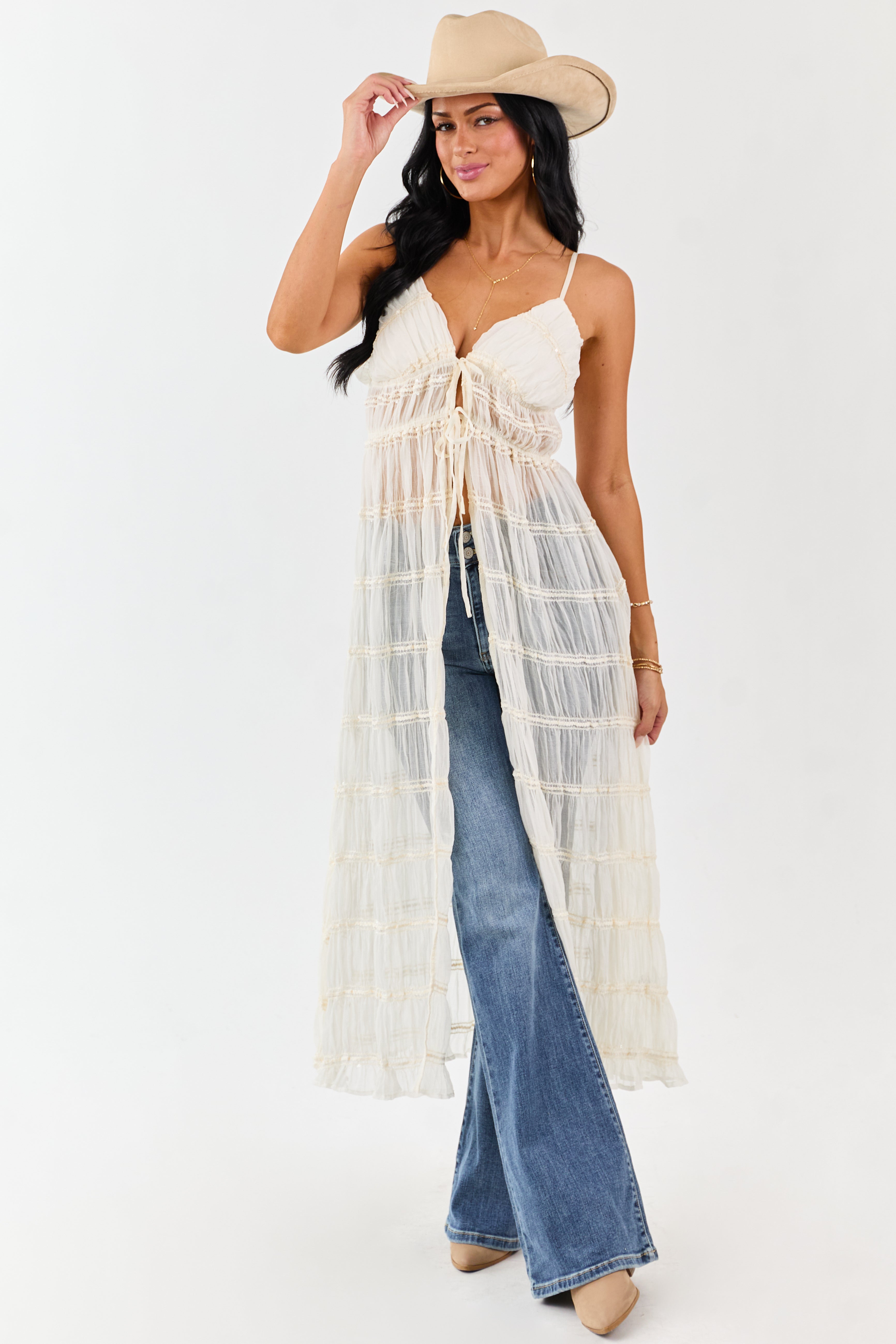 Cream Metallic Embroidery Front Tie Duster Cami Vest