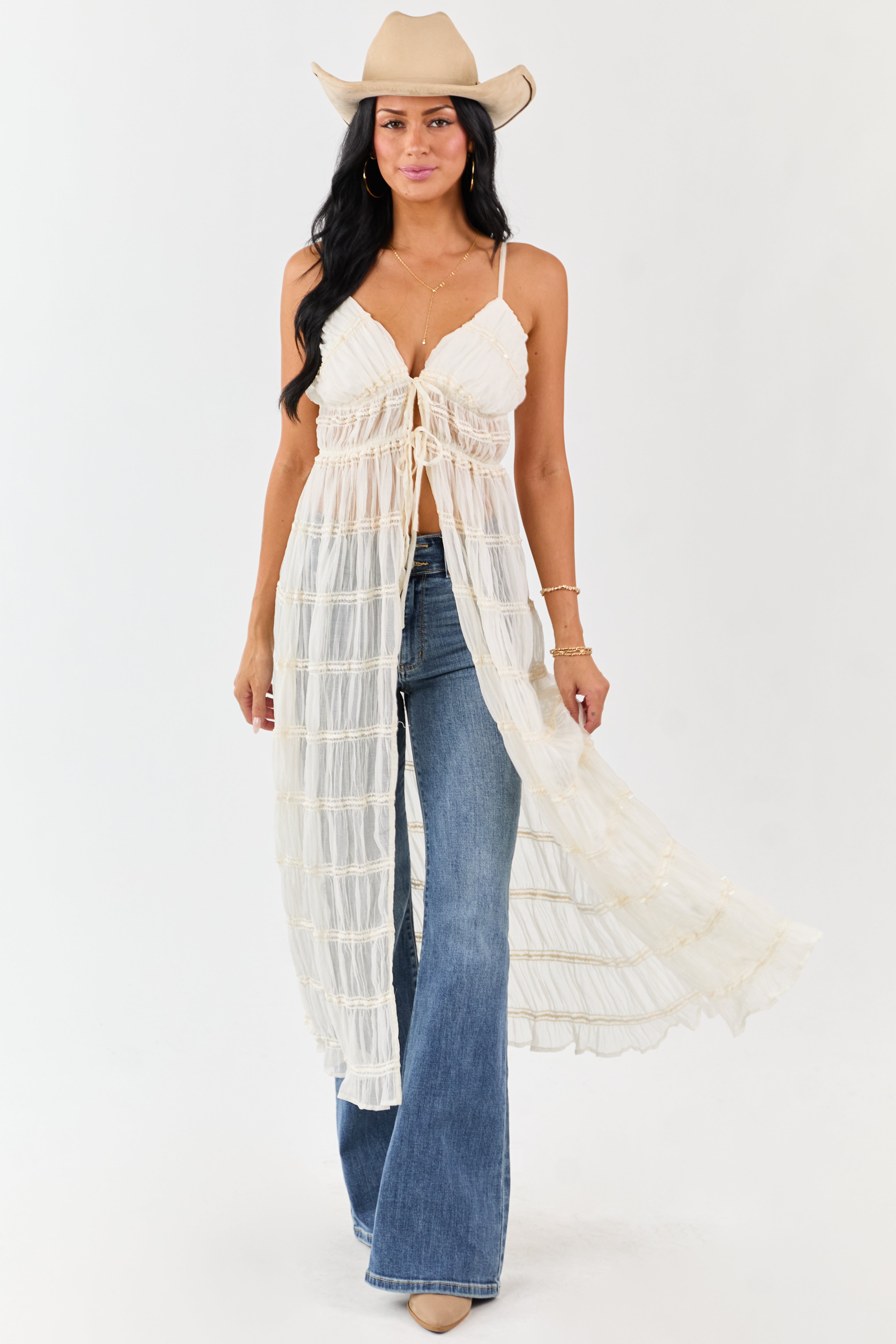 Cream Metallic Embroidery Front Tie Duster Cami Vest