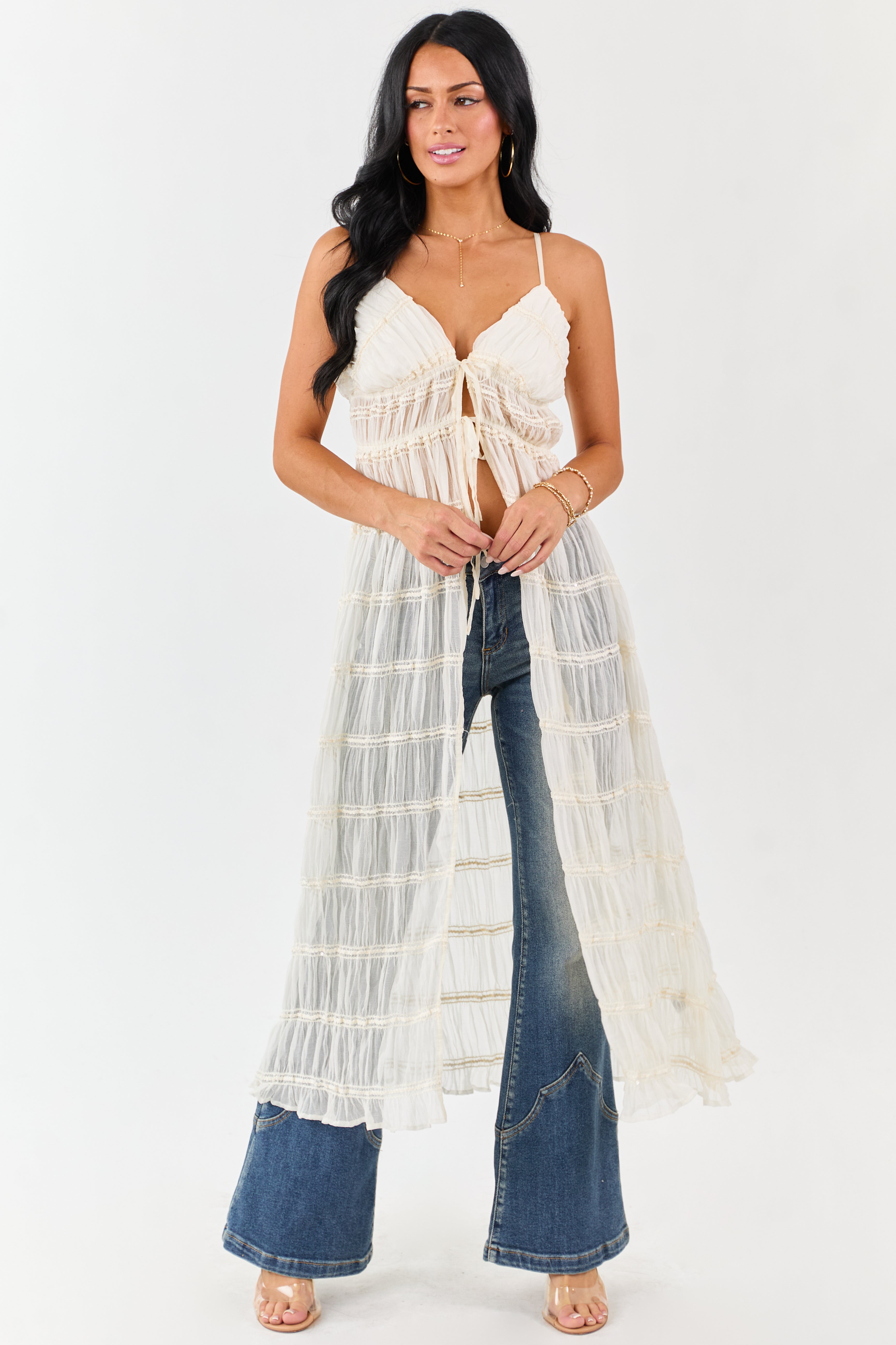 Cream Metallic Embroidery Front Tie Duster Cami Vest