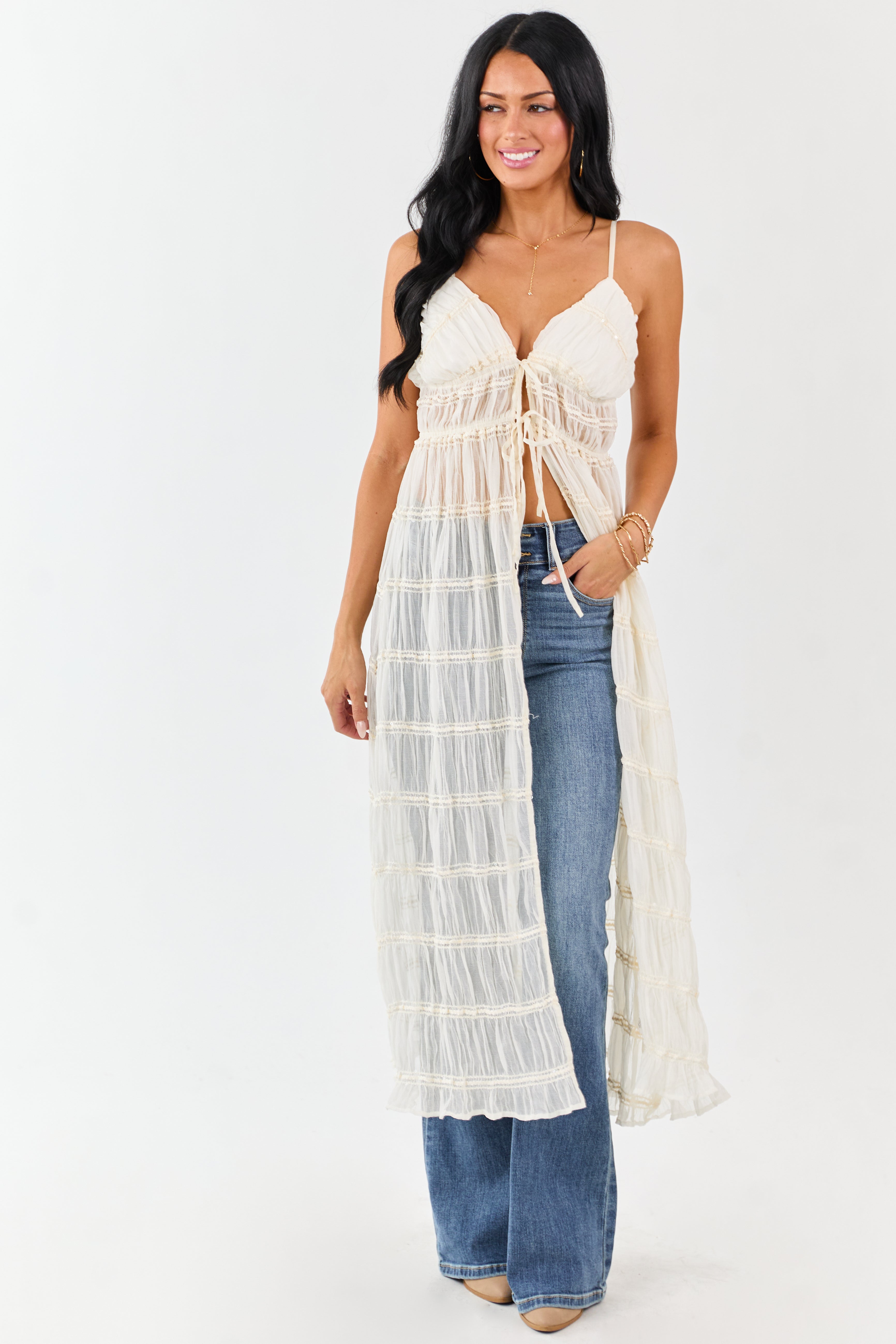 Cream Metallic Embroidery Front Tie Duster Cami Vest