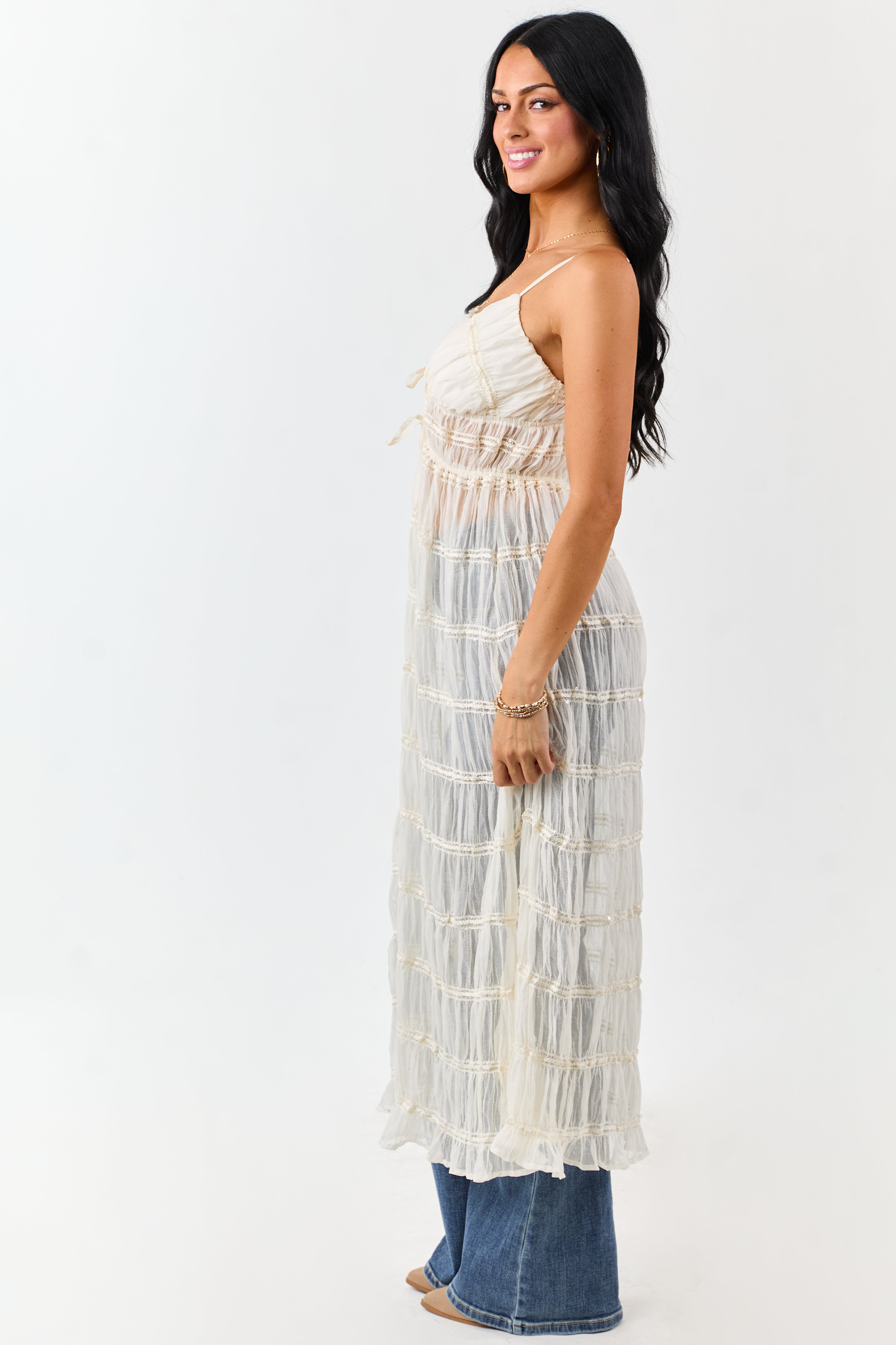 Cream Metallic Embroidery Front Tie Duster Cami Vest