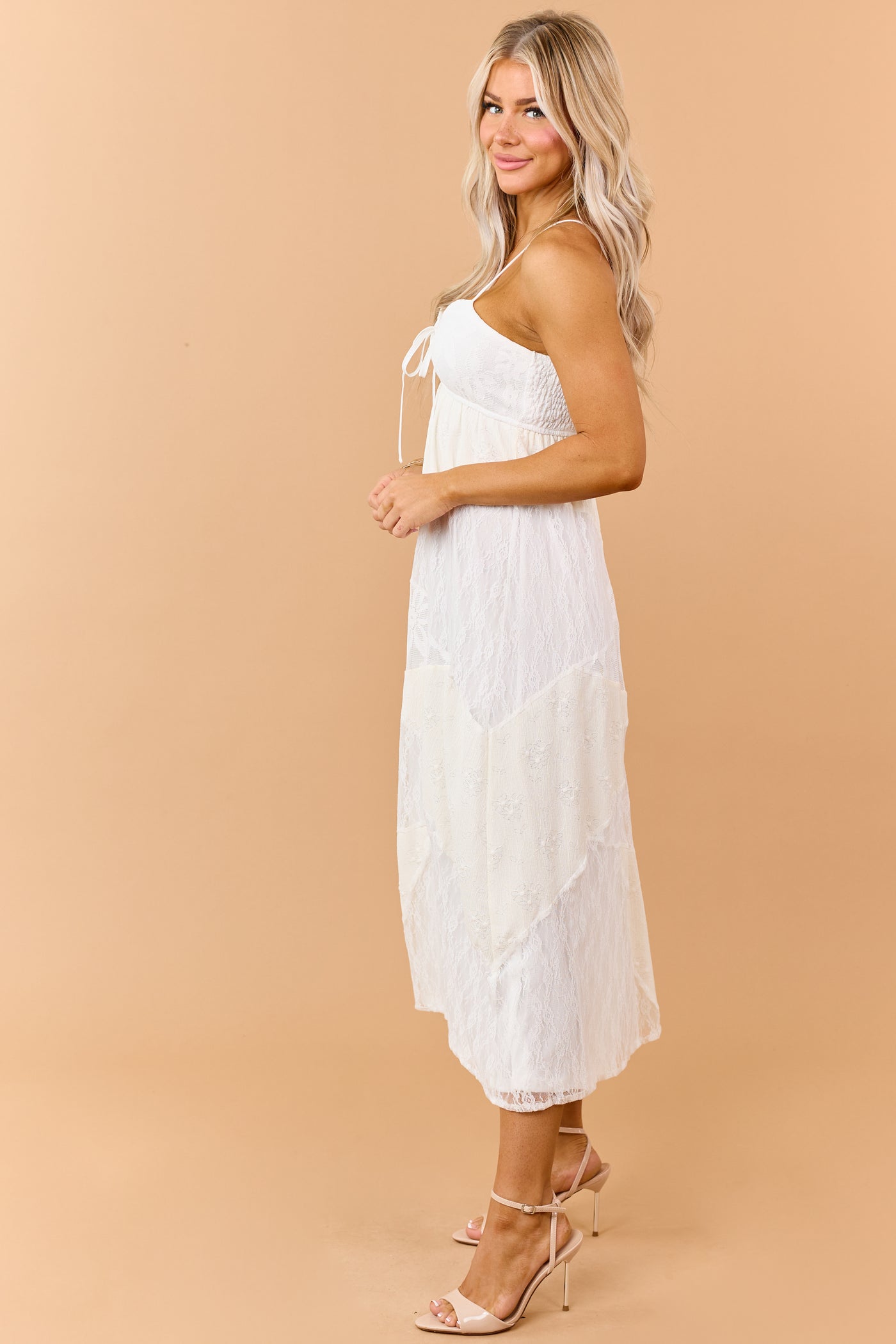 Cream Mixed Floral Lace Tiered Babydoll Maxi Dress