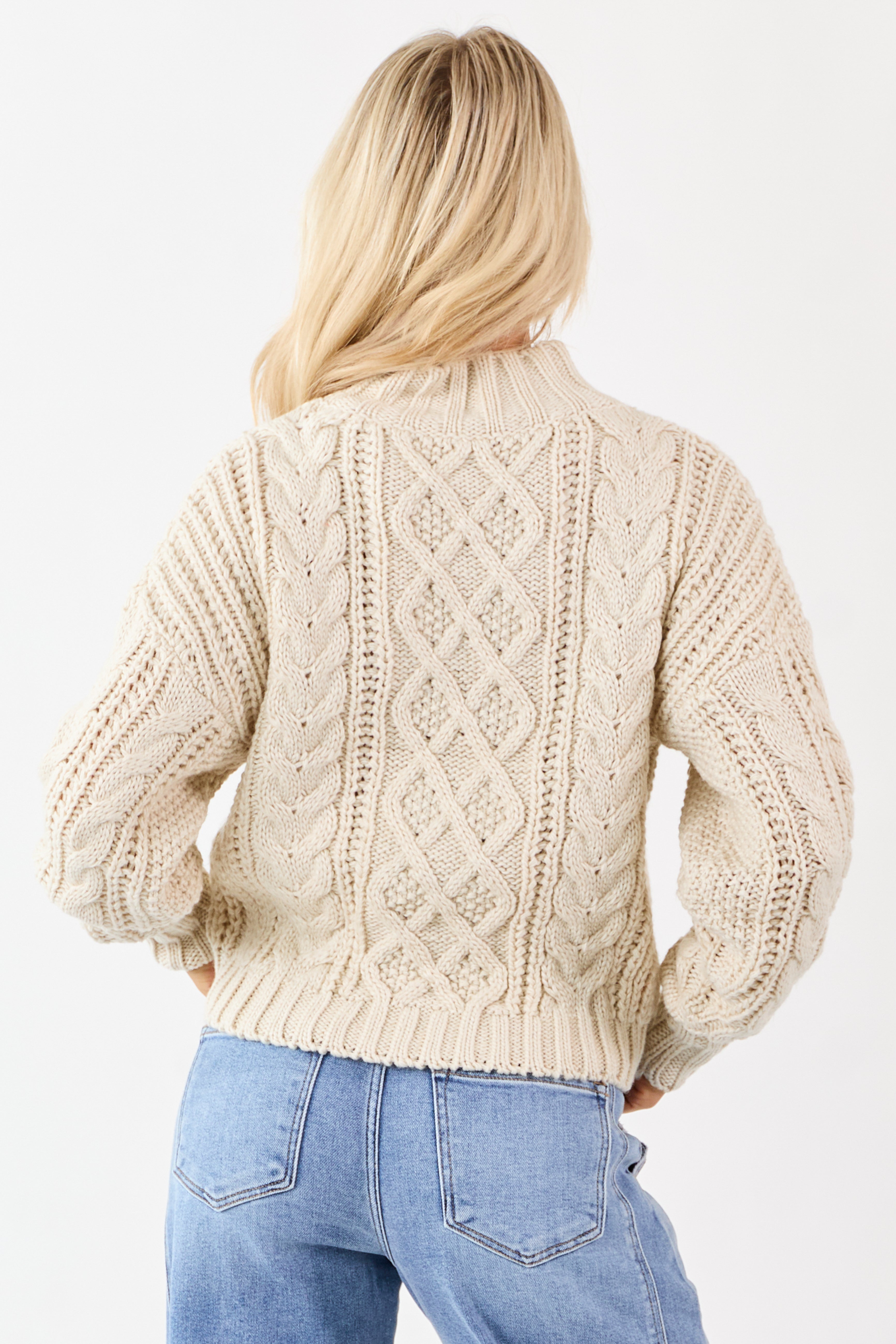 Cream Mock Neck Cable Knit Wool Blend Sweater
