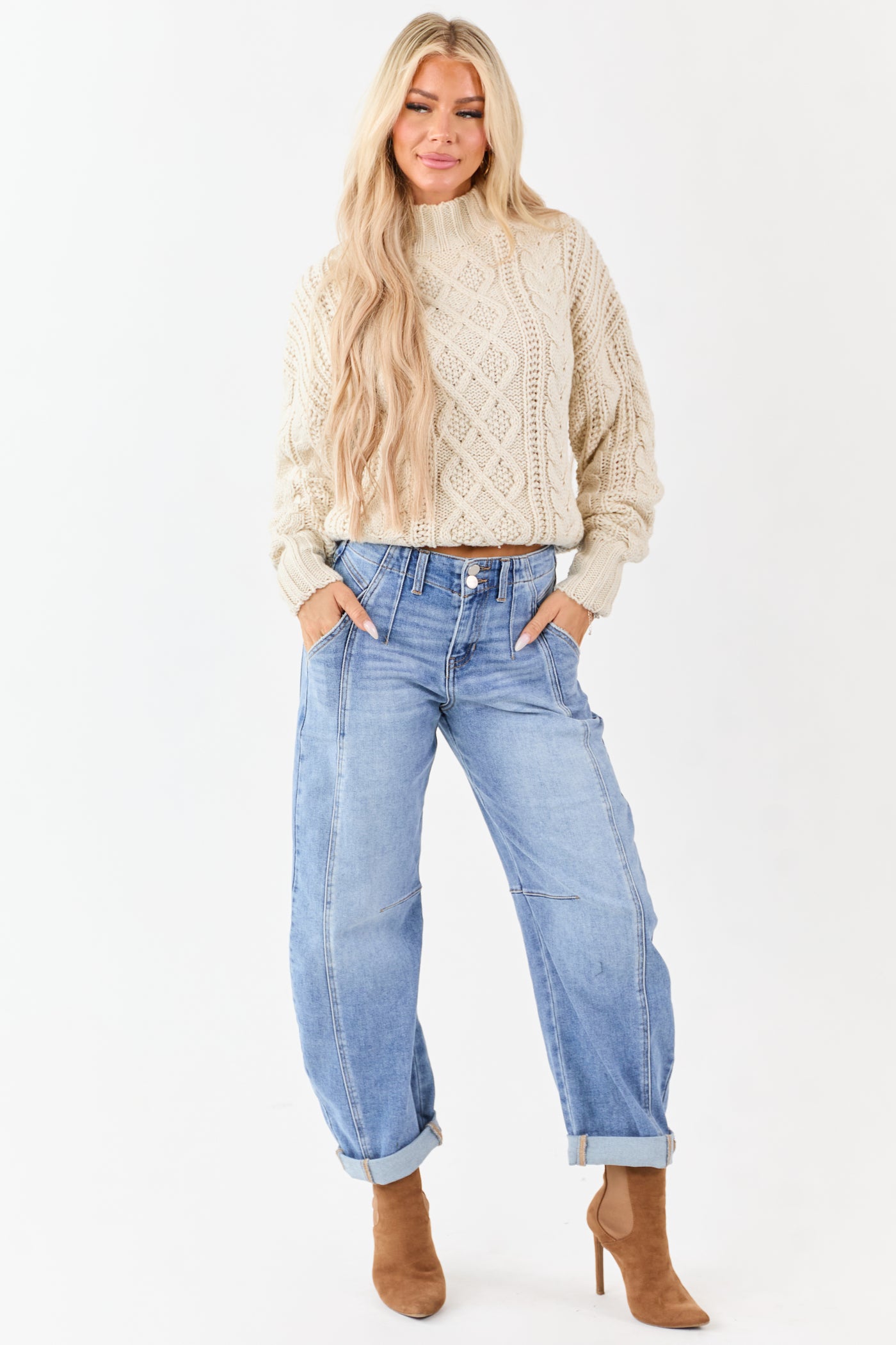 Cream Mock Neck Cable Knit Wool Blend Sweater