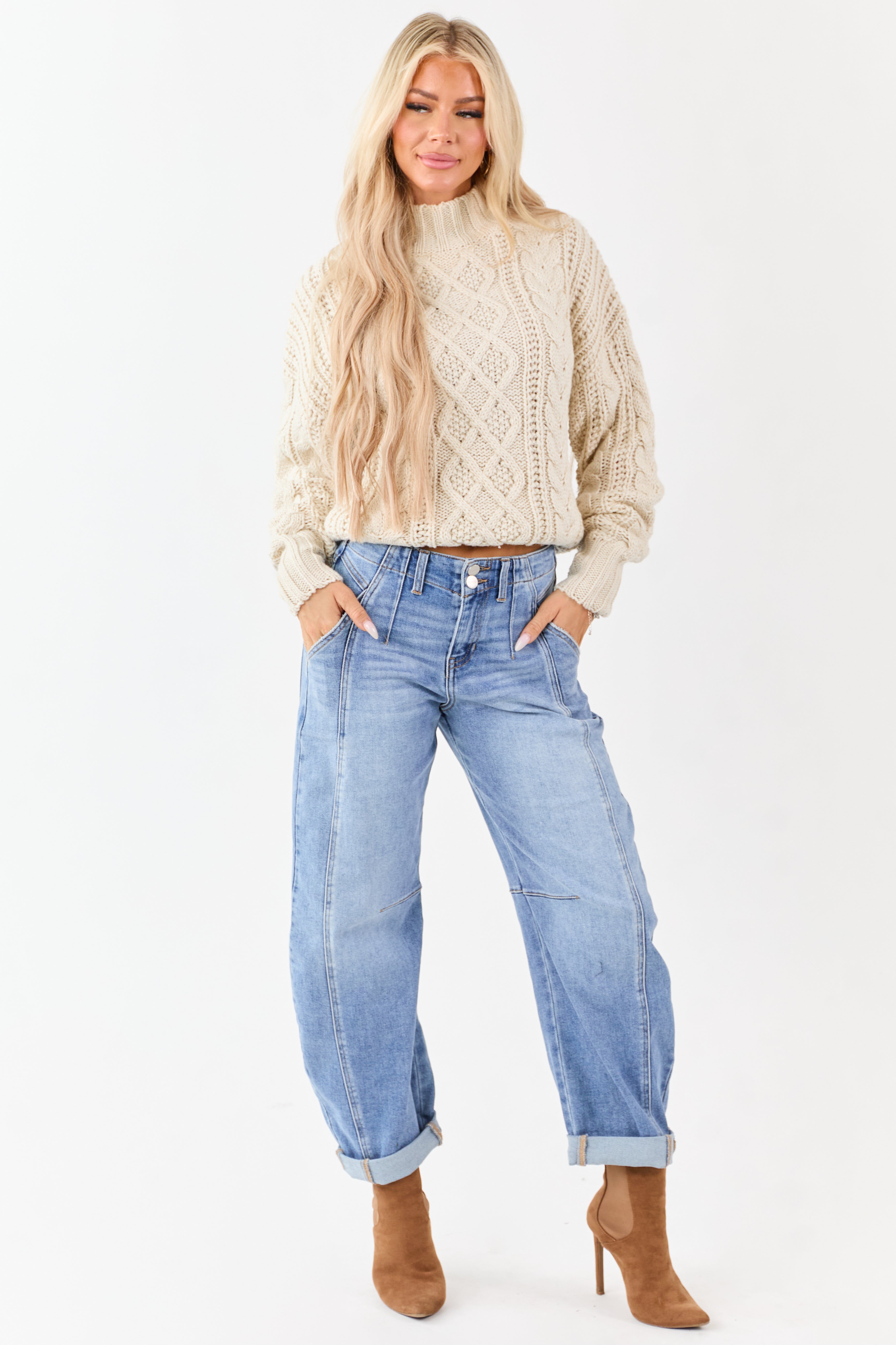 Cream Mock Neck Cable Knit Wool Blend Sweater