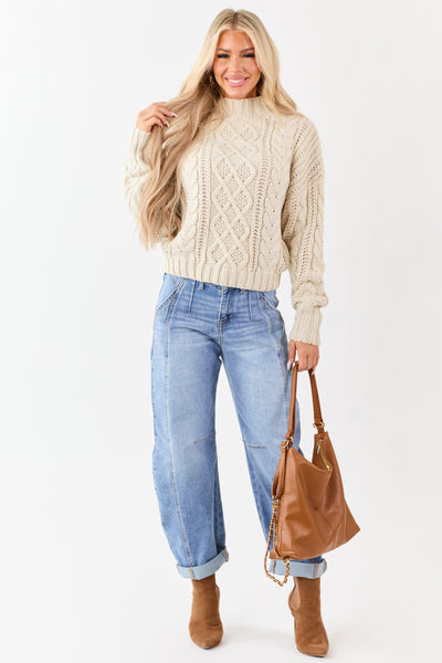Cream Mock Neck Cable Knit Wool Blend Sweater