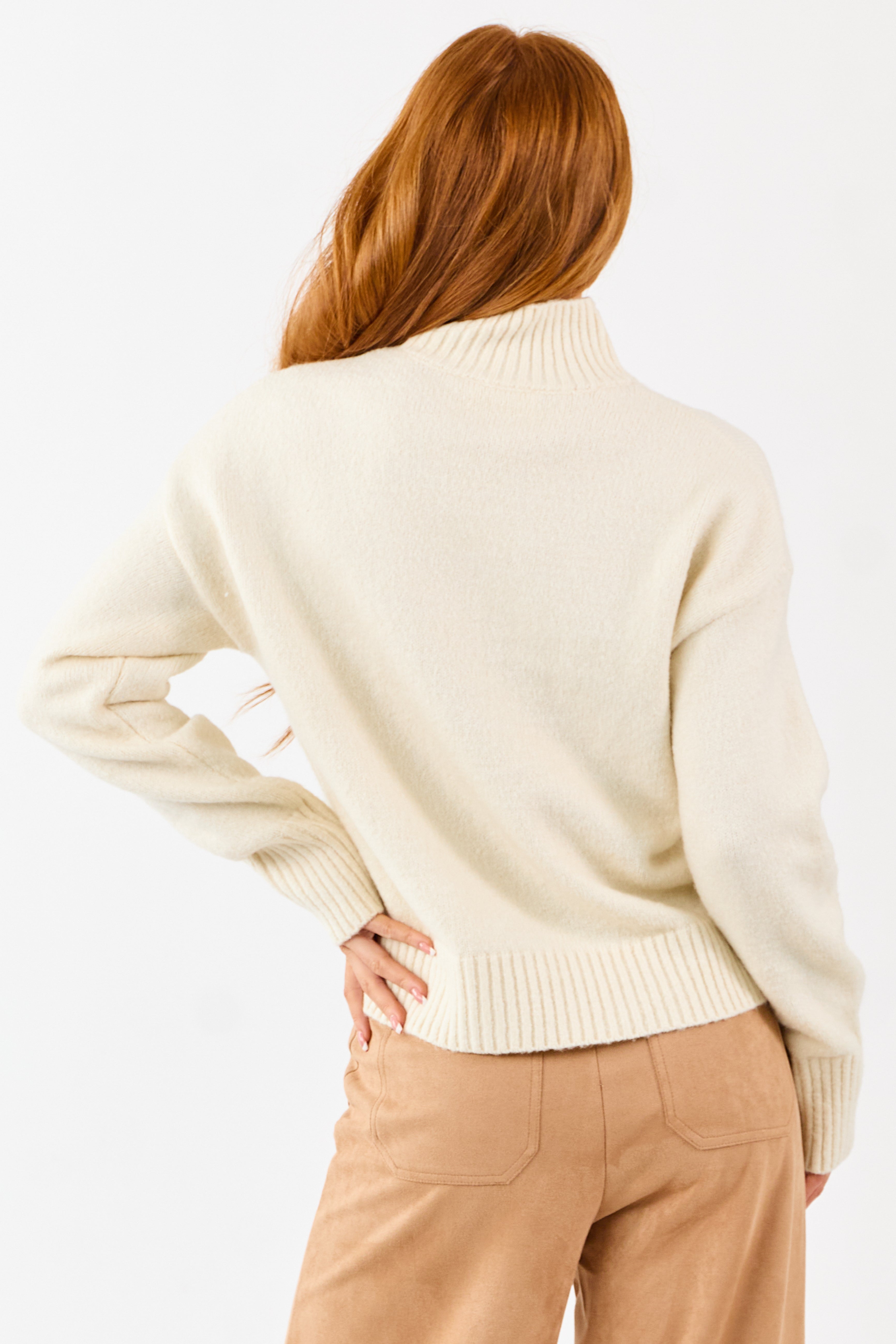 Cream Mock Neck Relaxed Ribbed Trim Sweater