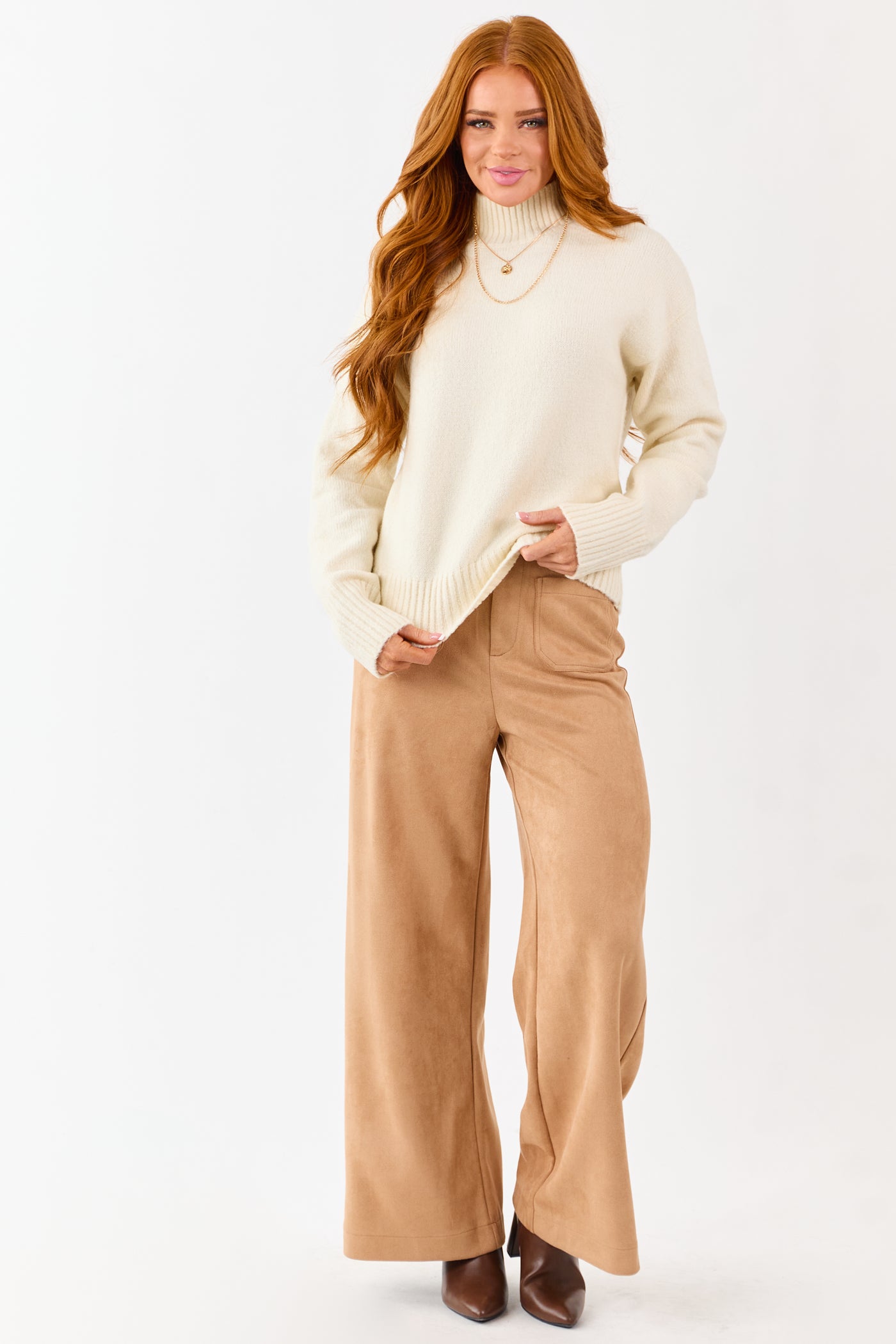 Cream Mock Neck Relaxed Ribbed Trim Sweater