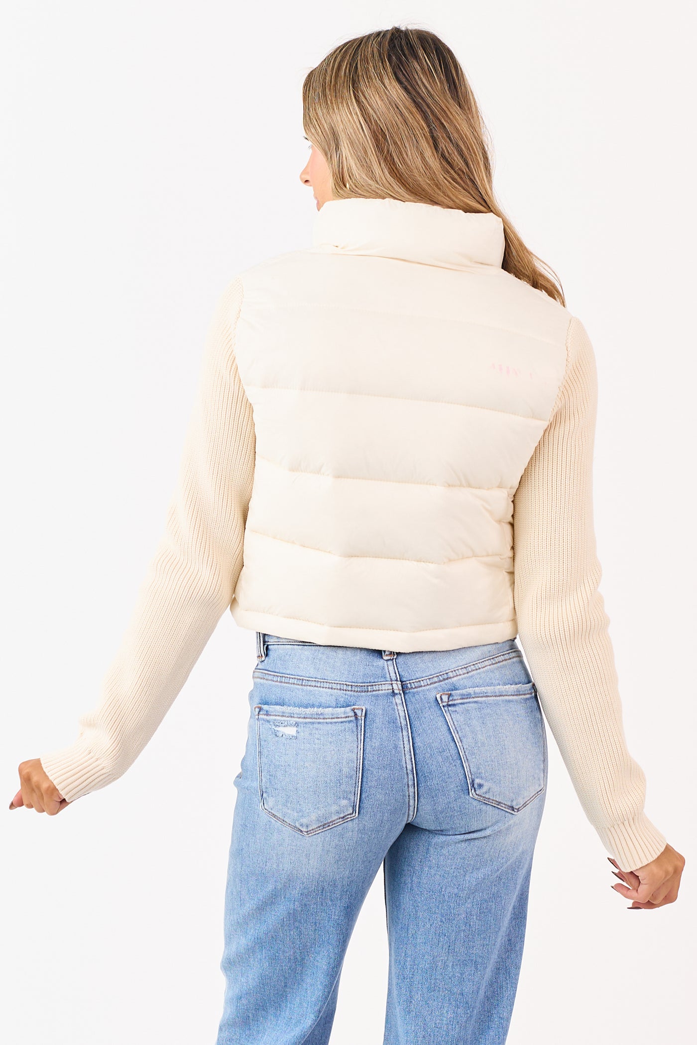 Cream Mock Neck Zip Up Knit Sleeve Puffer Coat