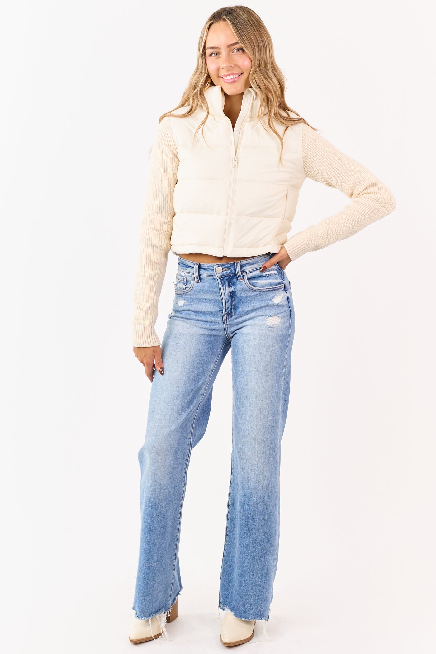 Cream Mock Neck Zip Up Knit Sleeve Puffer Coat