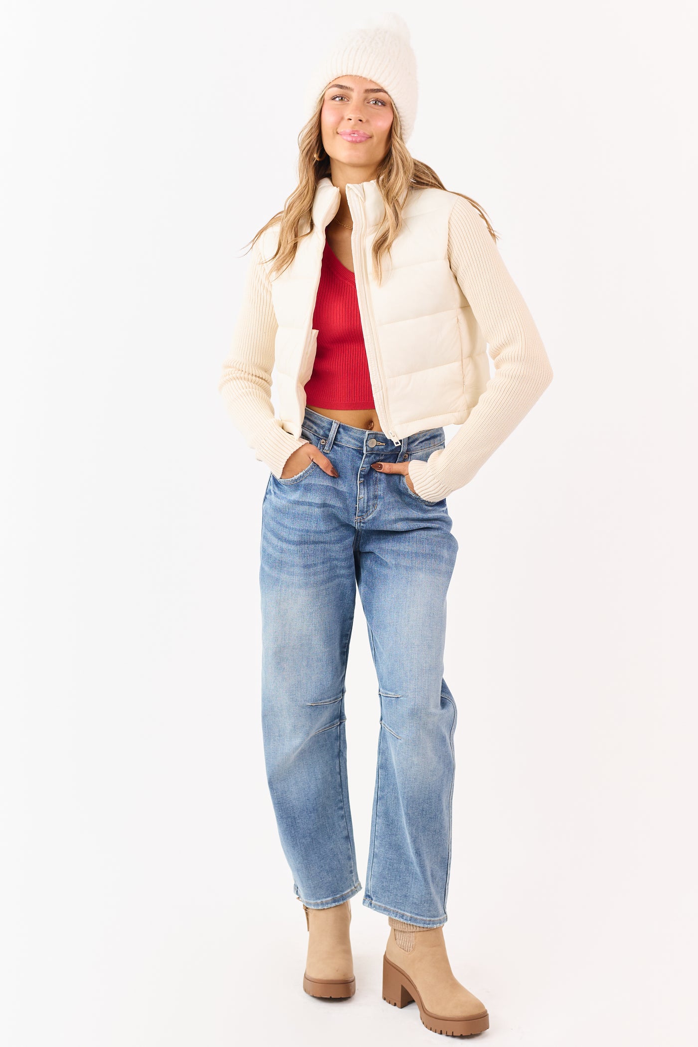 Cream Mock Neck Zip Up Knit Sleeve Puffer Coat