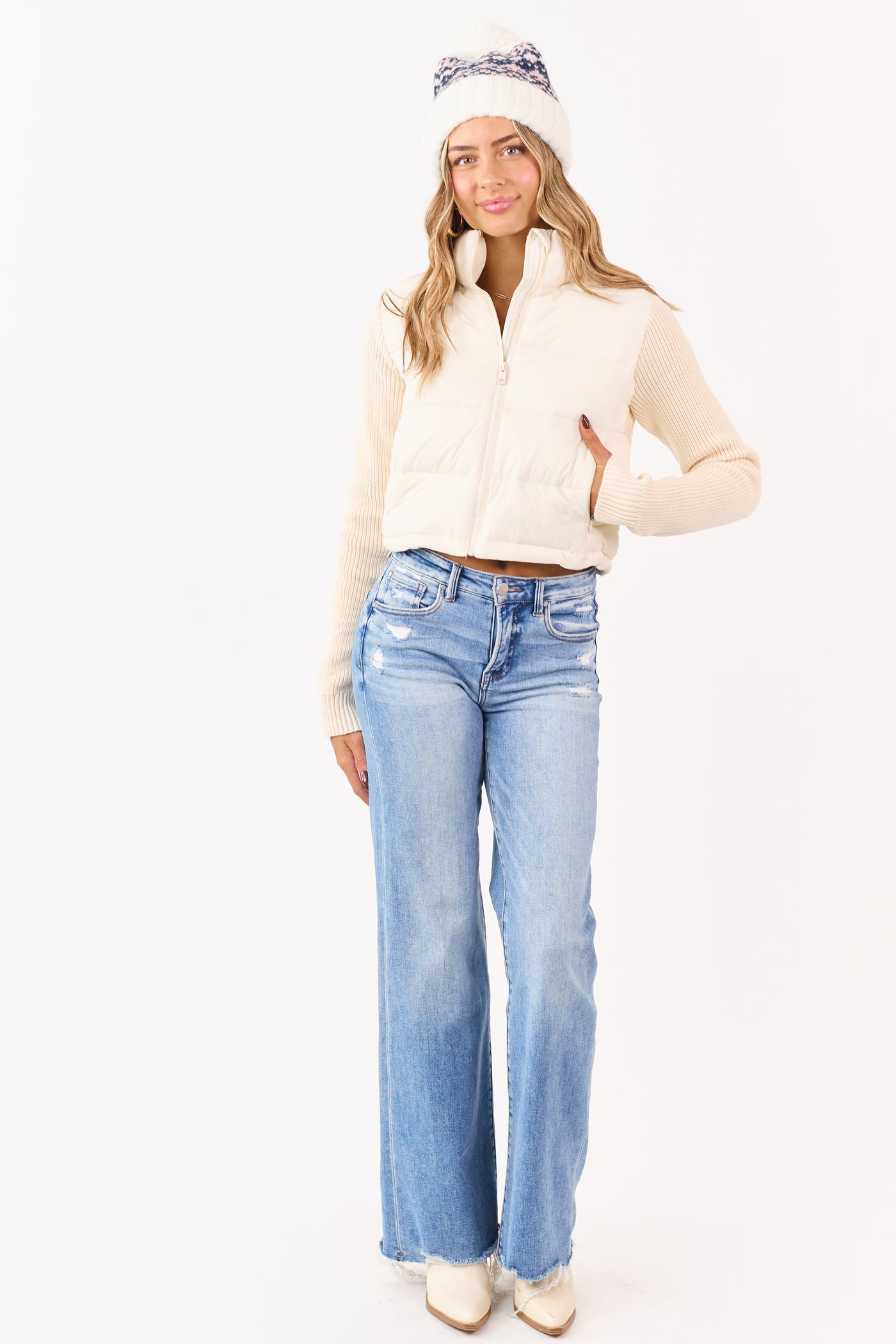 Cream Mock Neck Zip Up Knit Sleeve Puffer Coat