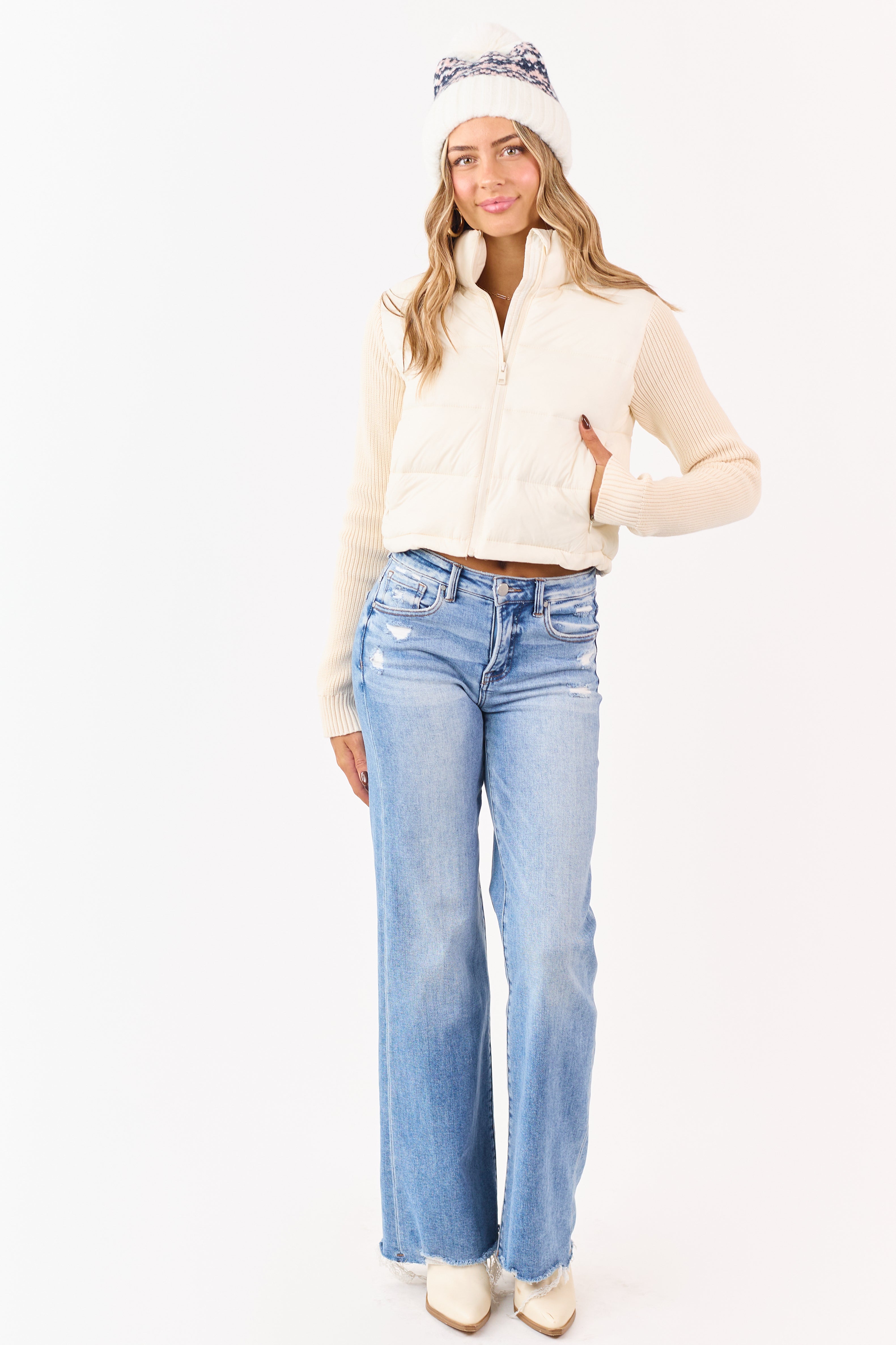 Cream Mock Neck Zip Up Knit Sleeve Puffer Coat