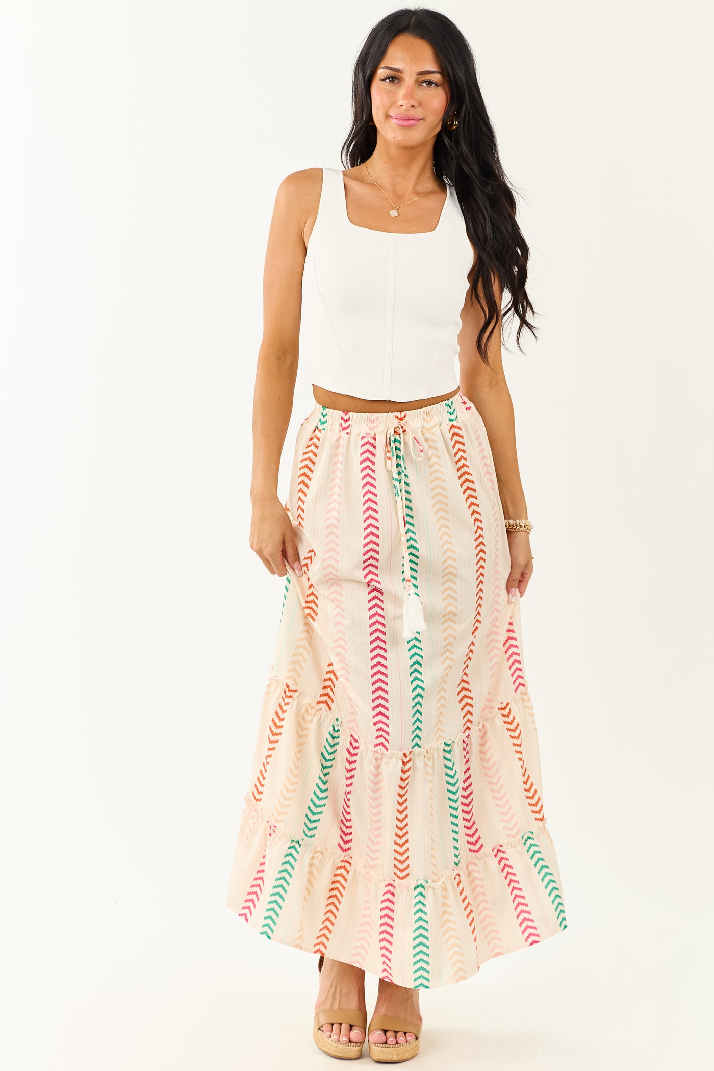 Cream Multicolor Chevron Stripe Maxi Skirt