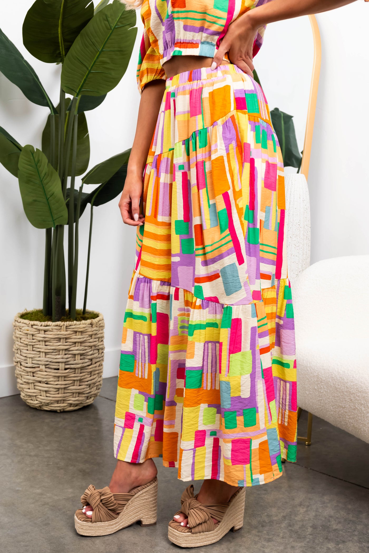 Cream Multicolor Geo Print Maxi Skirt