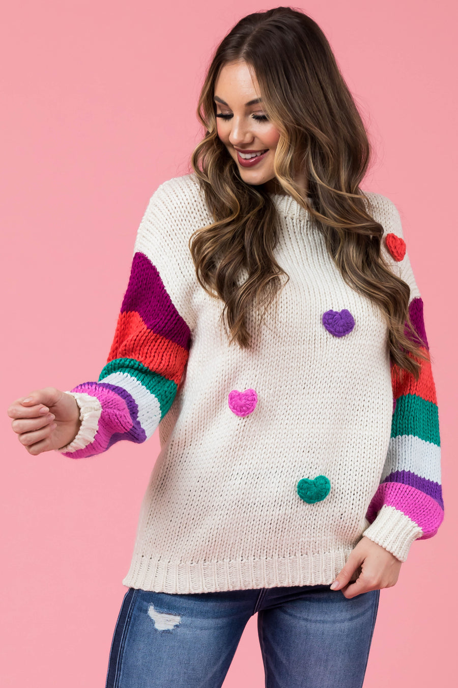 Cream Multicolor Heart and Stripe Print Sweater