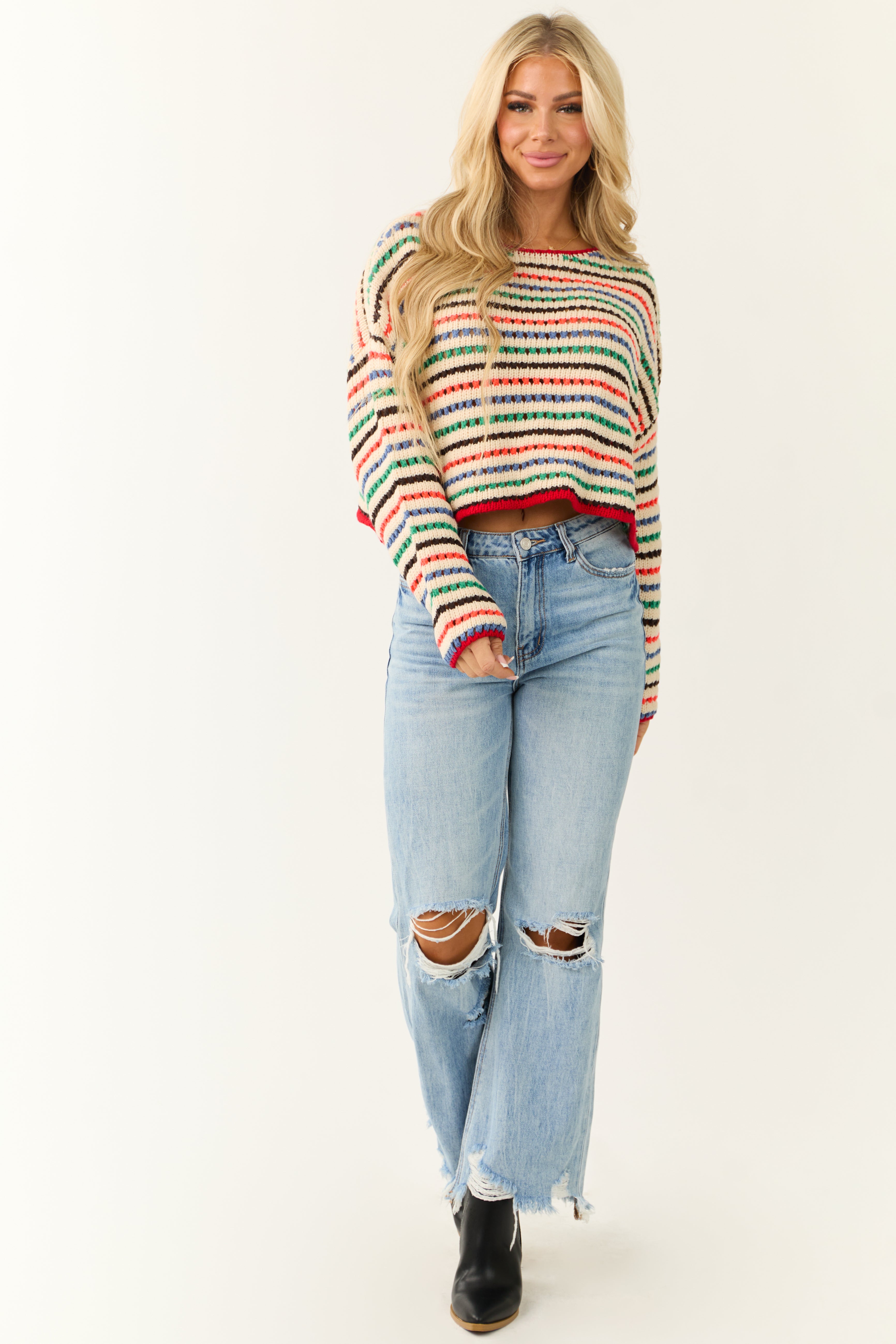 Cream Multicolor Striped Open Crochet Sweater | Lime Lush Boutique