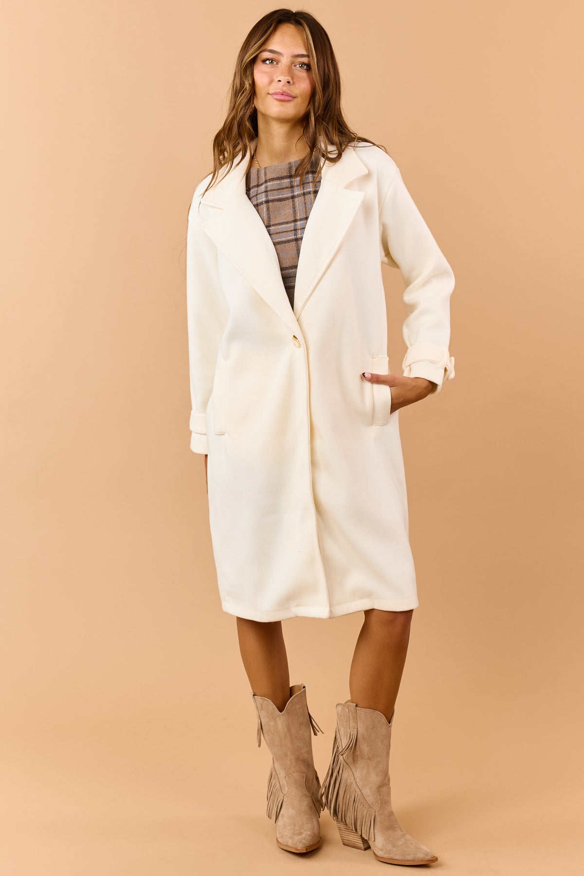Cream Notch Lapel Collar Longline Trench Coat