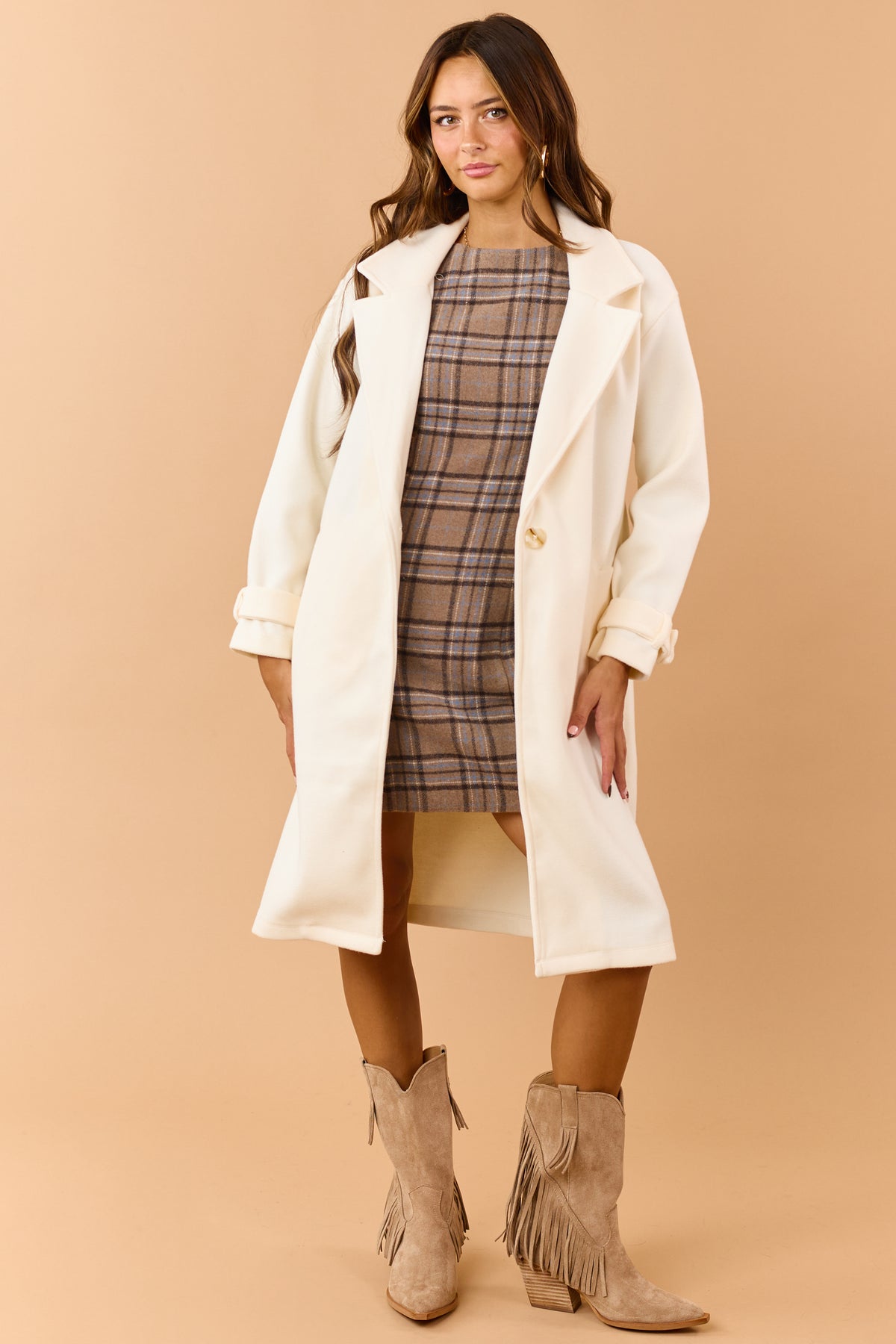Cream Notch Lapel Collar Longline Trench Coat