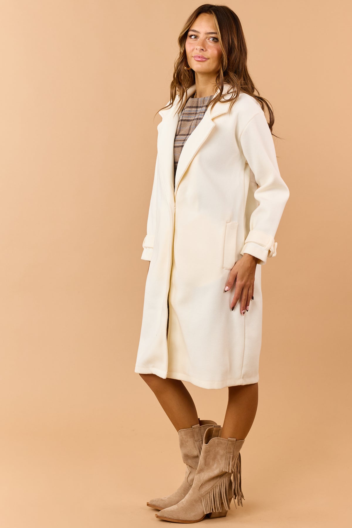 Cream Notch Lapel Collar Longline Trench Coat