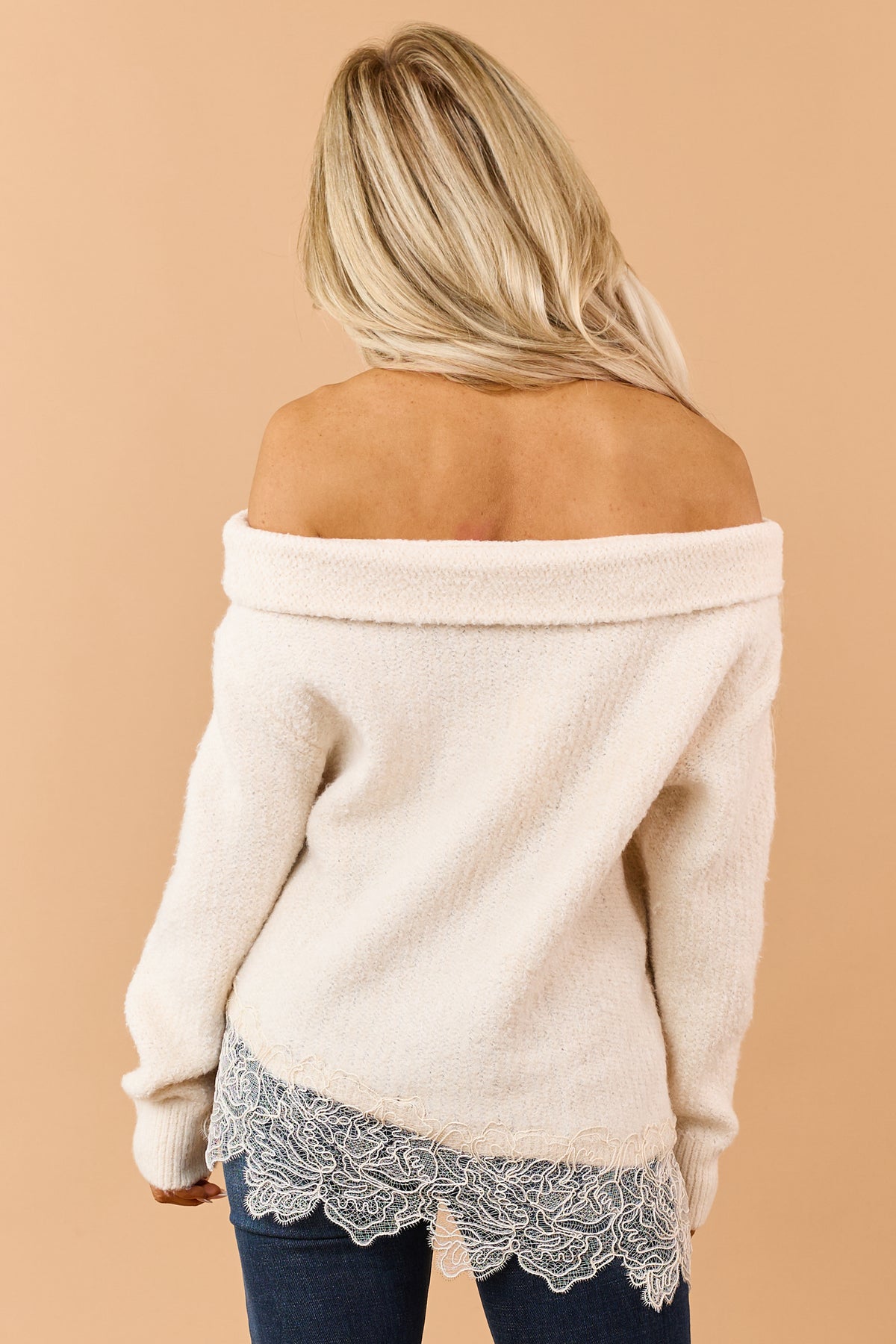 Cream Off Shoulder Asymmetrical Lace Hem Sweater