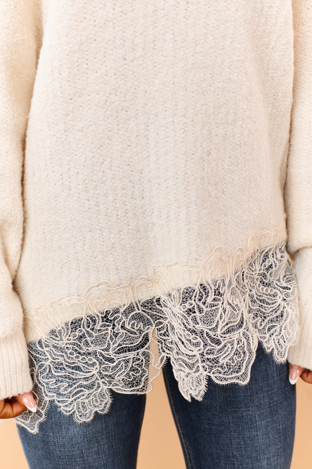 Cream Off Shoulder Asymmetrical Lace Hem Sweater