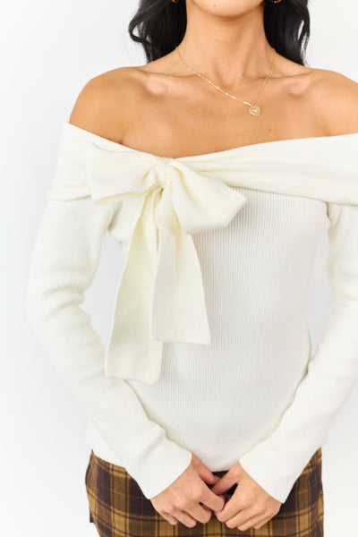 Cream Off Shoulder Bow Detail Rib Knit Sweater