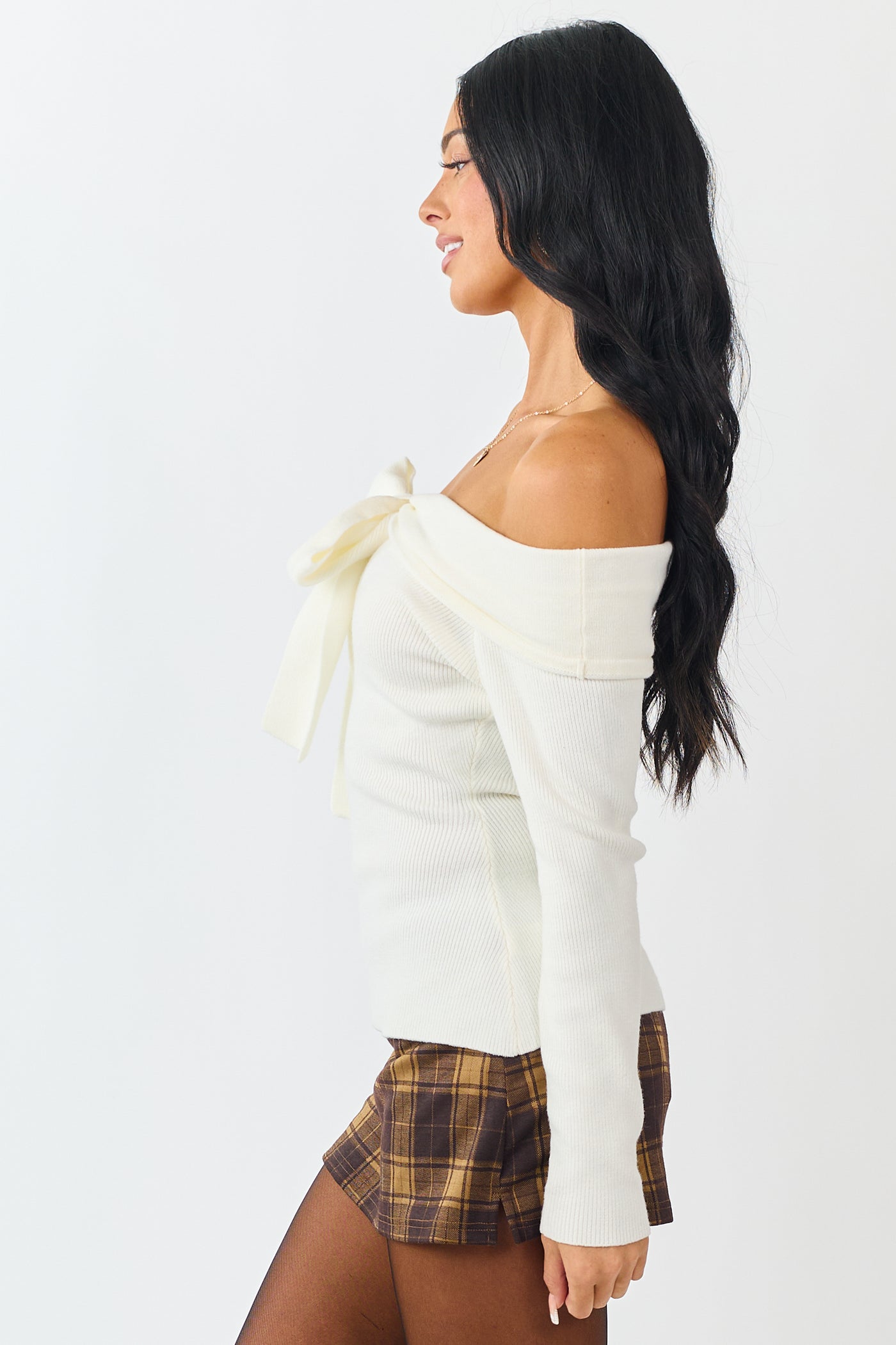 Cream Off Shoulder Bow Detail Rib Knit Sweater