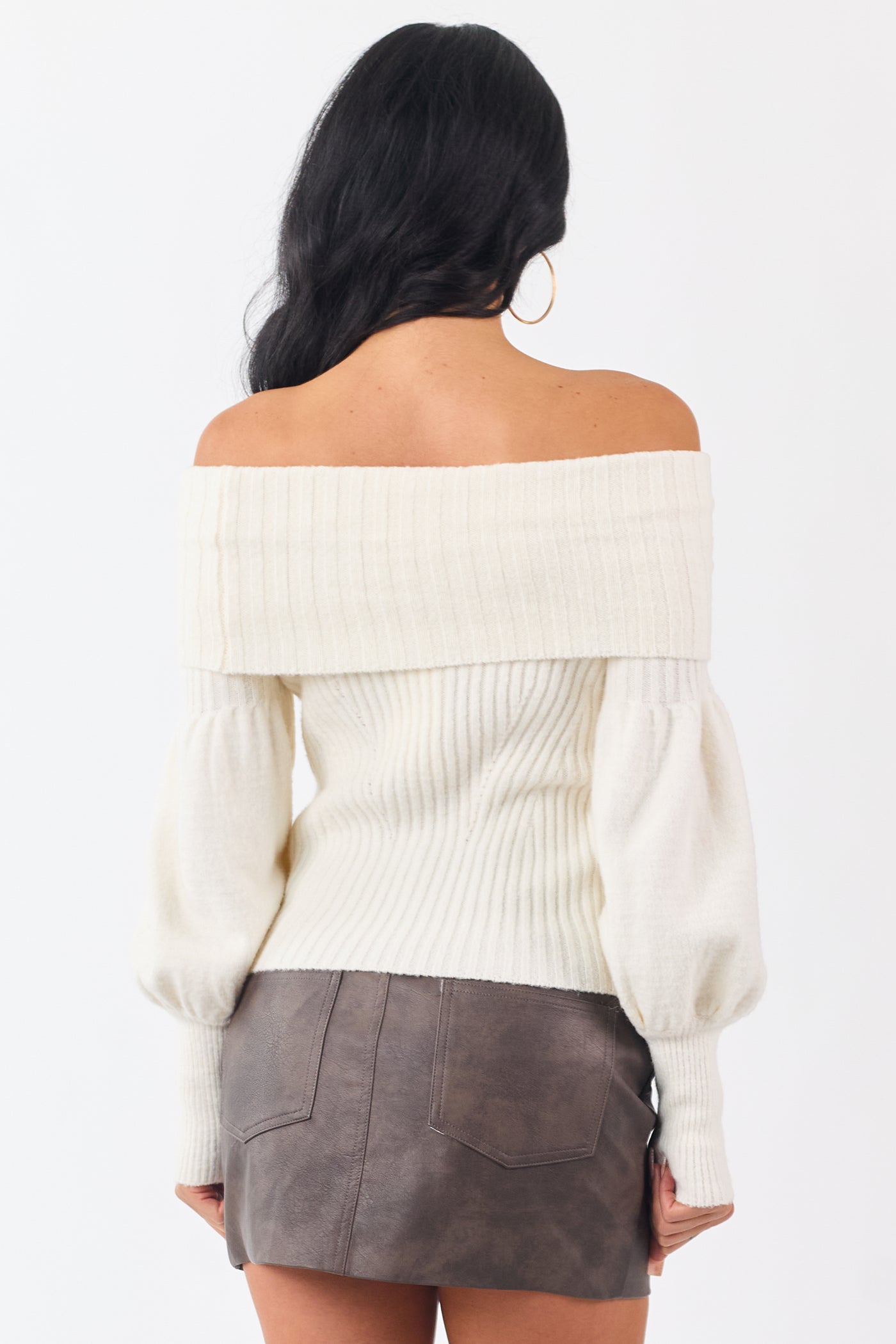 Cream Off Shoulder Long Puff Sleeve Sweater