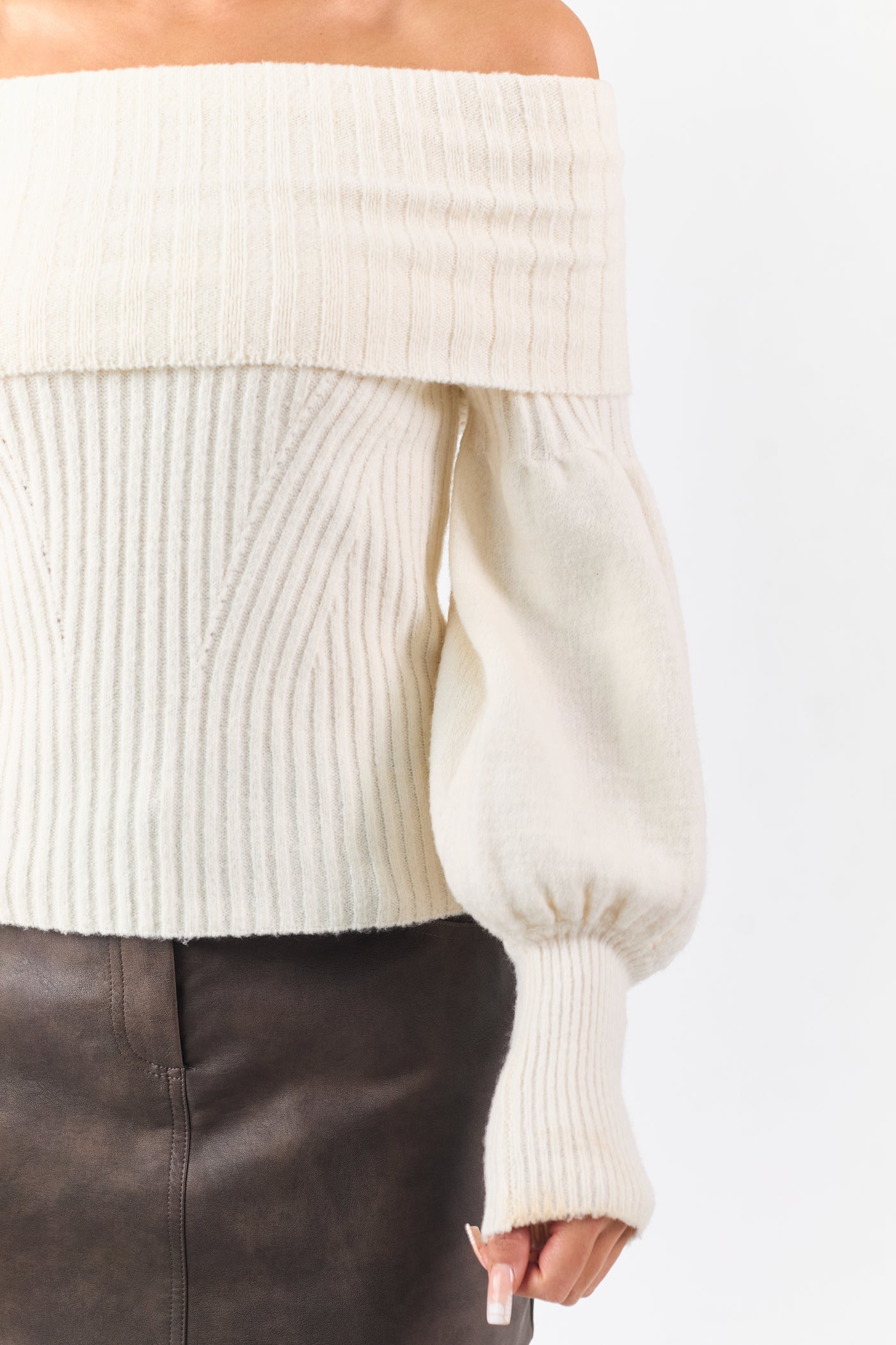 Cream Off Shoulder Long Puff Sleeve Sweater